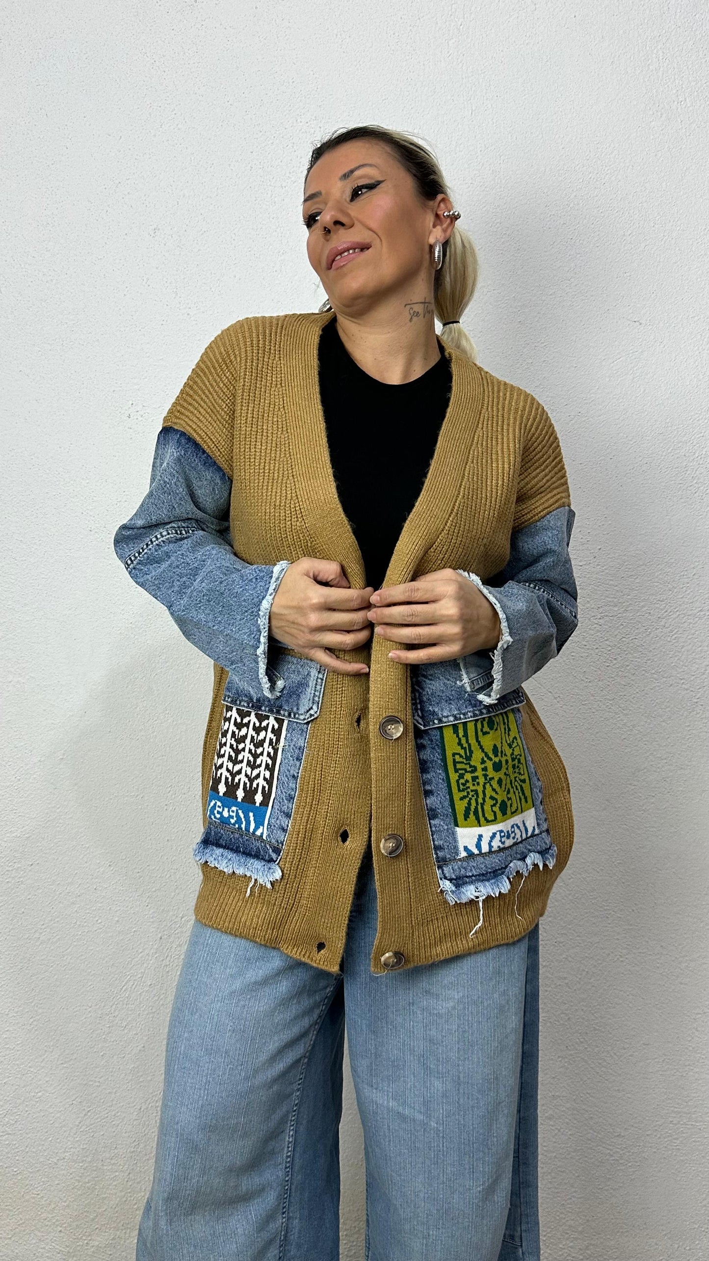 Nunu By Denim Detaylı Camel Oversize Hırka