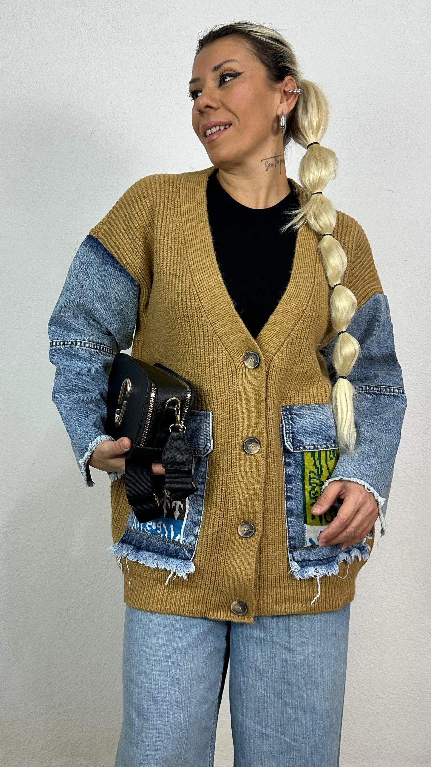 Nunu By Denim Detaylı Camel Oversize Hırka