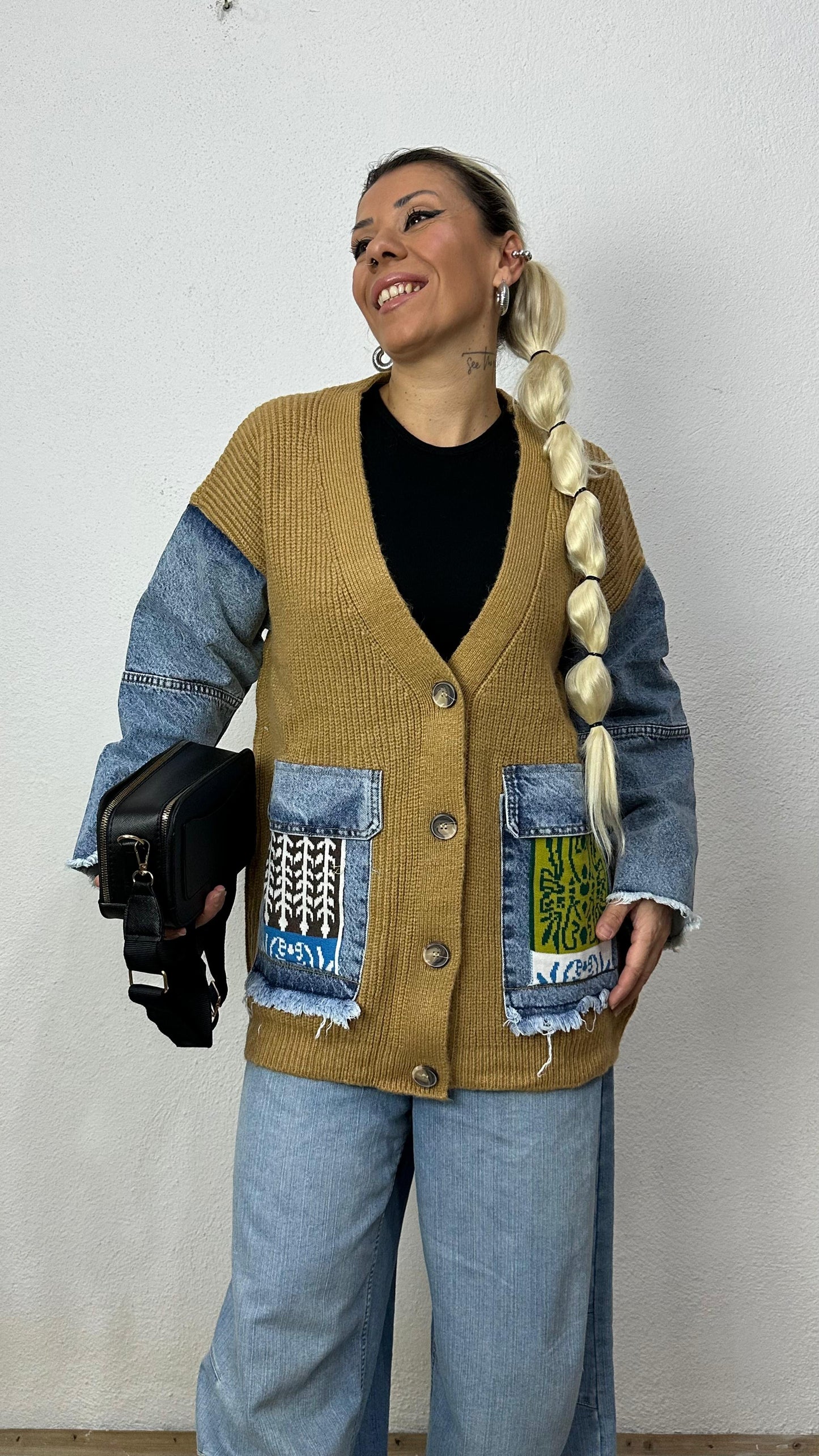 Nunu By Denim Detaylı Camel Oversize Hırka