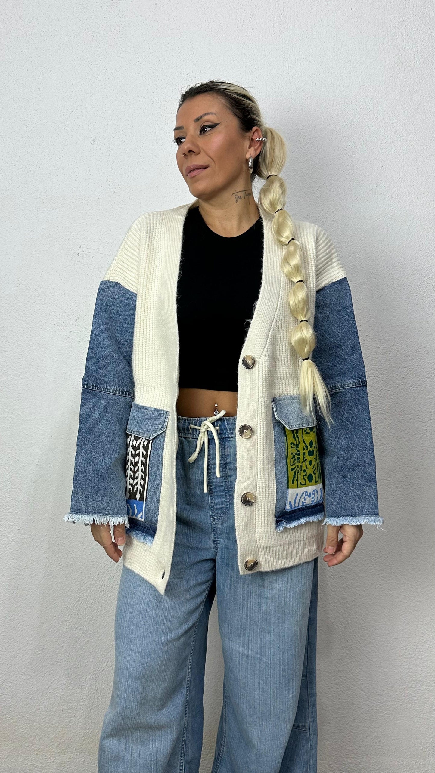 Nunu By Denim Detaylı Kemik Oversize Hırka