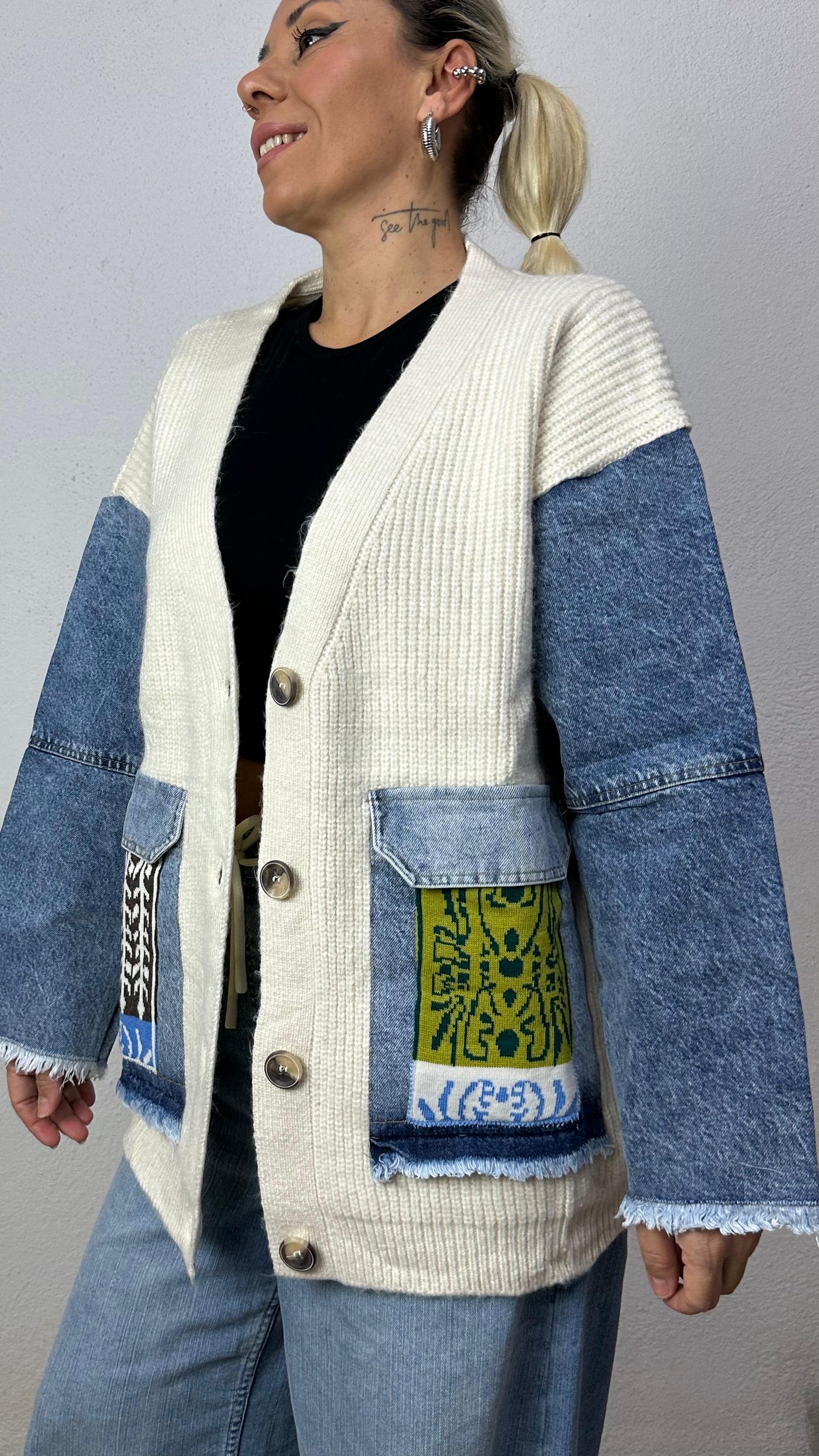 Nunu By Denim Detaylı Kemik Oversize Hırka