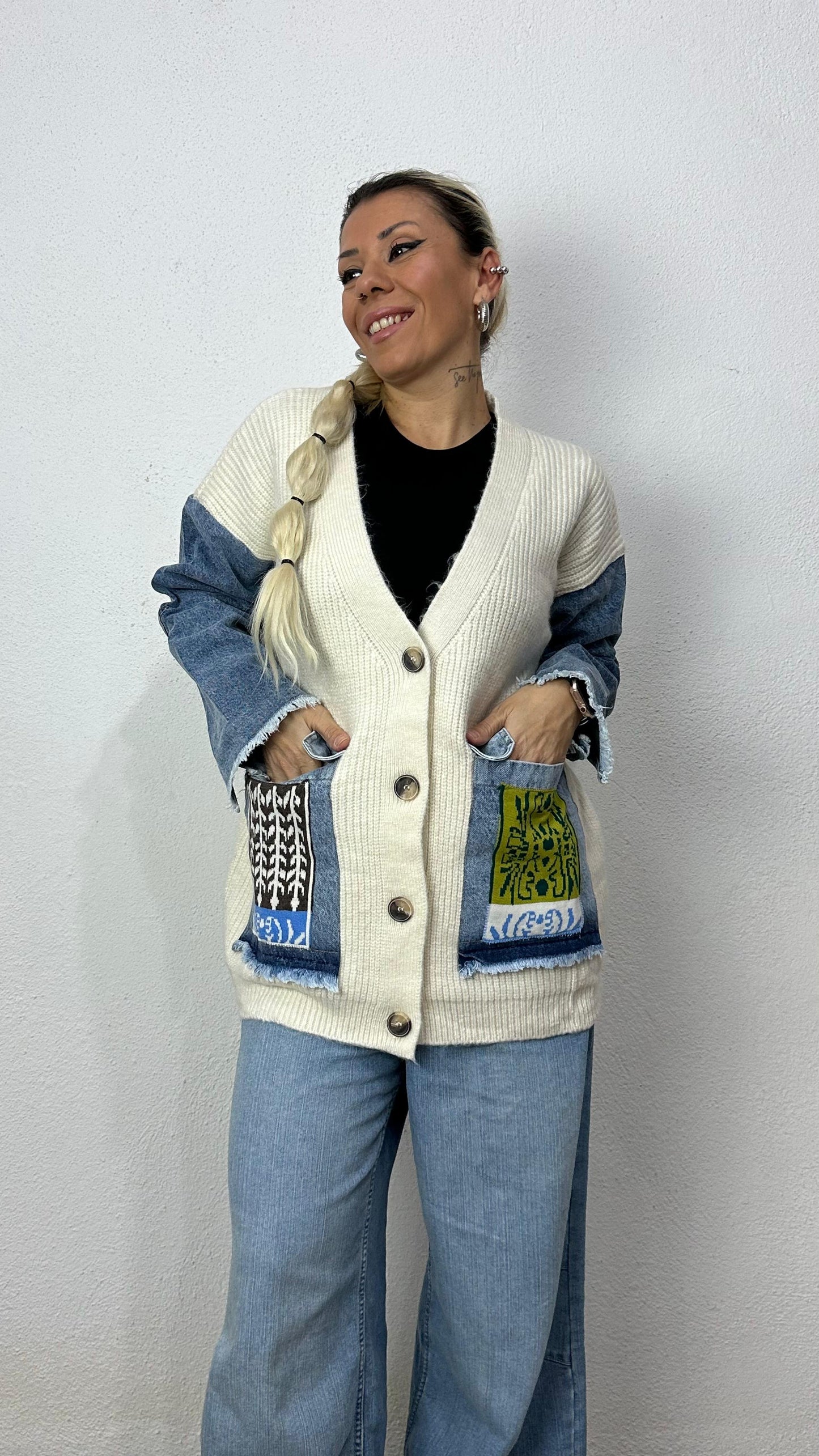 Nunu By Denim Detaylı Kemik Oversize Hırka