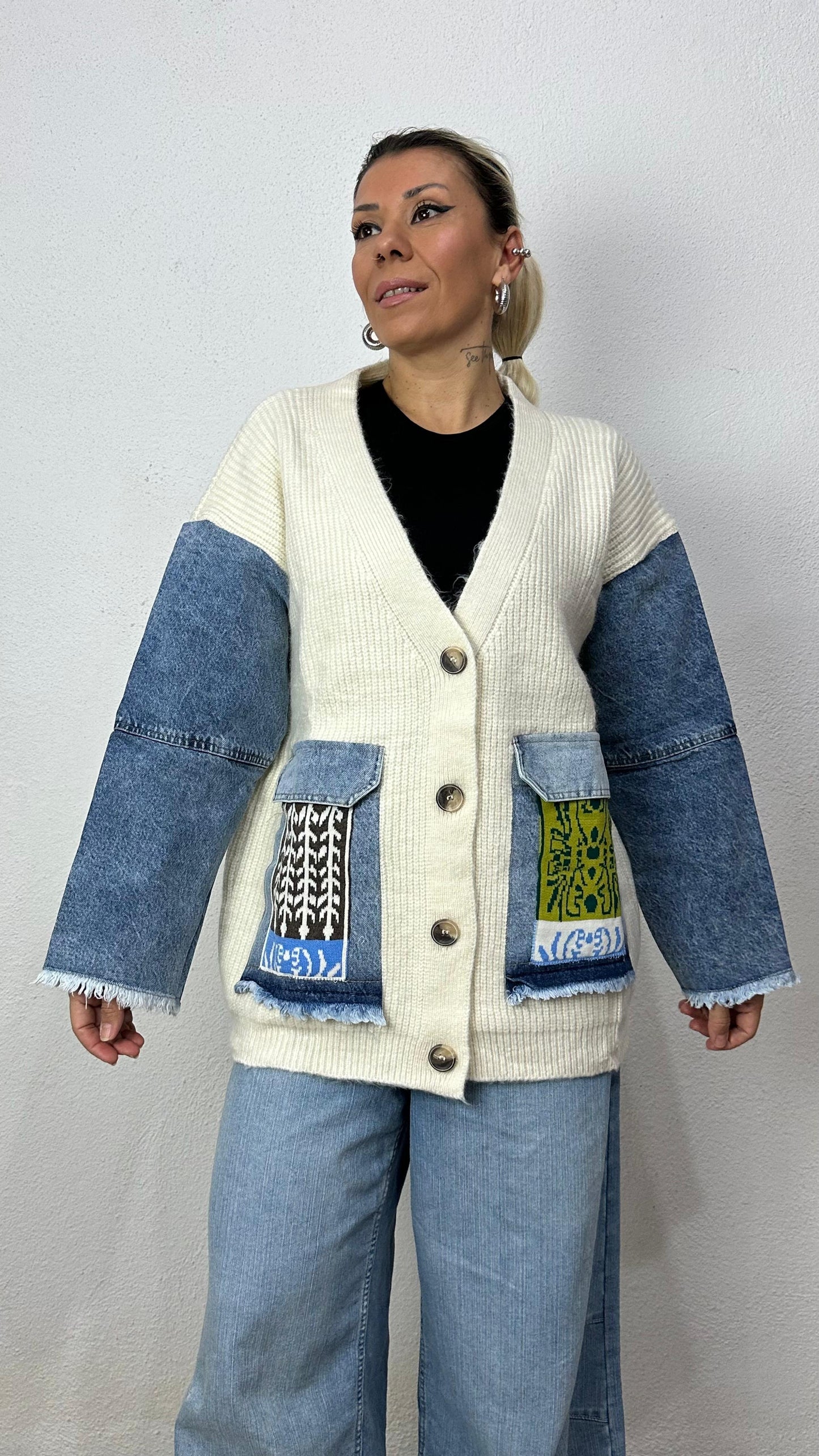 Nunu By Denim Detaylı Kemik Oversize Hırka