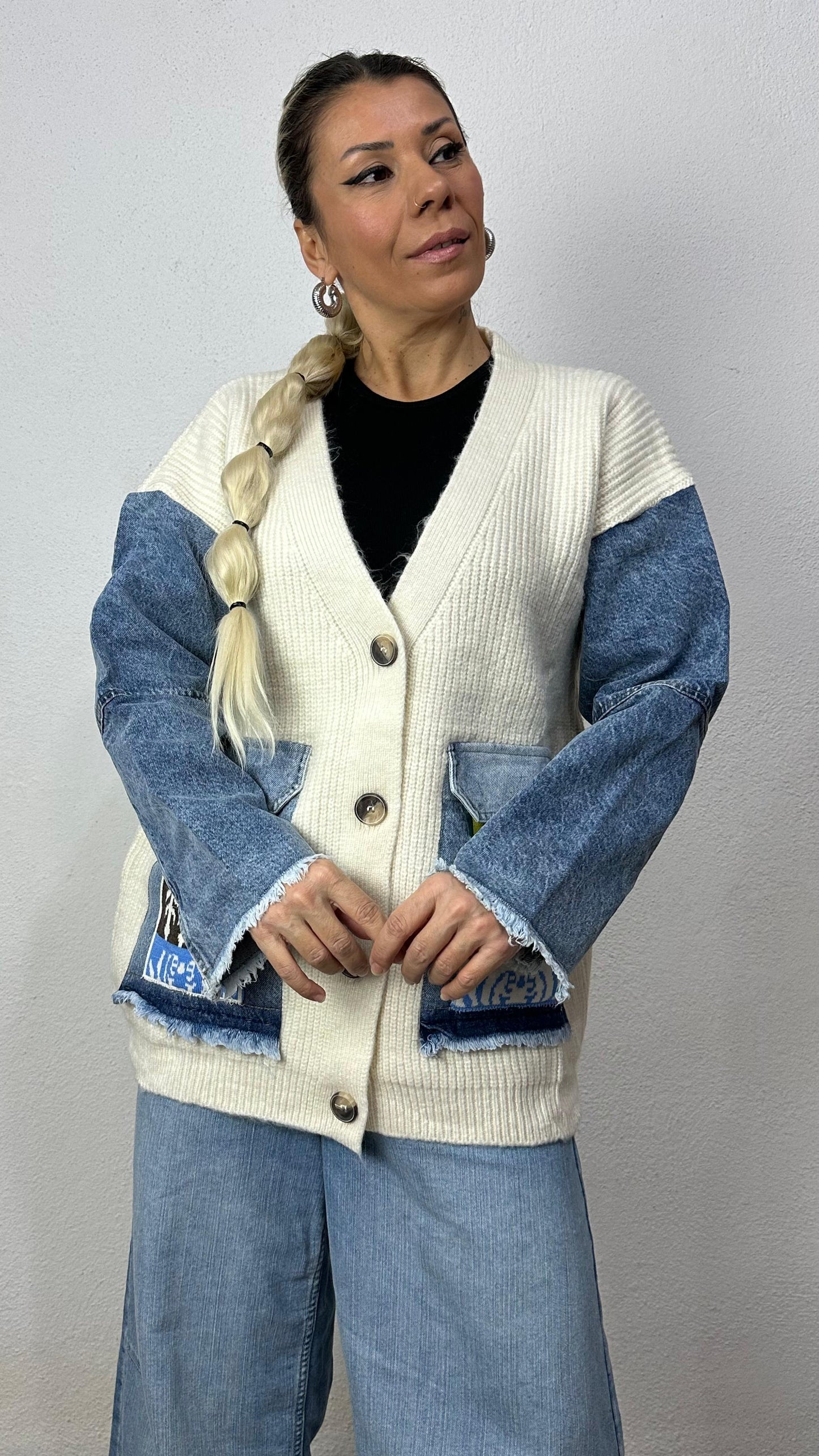 Nunu By Denim Detaylı Kemik Oversize Hırka