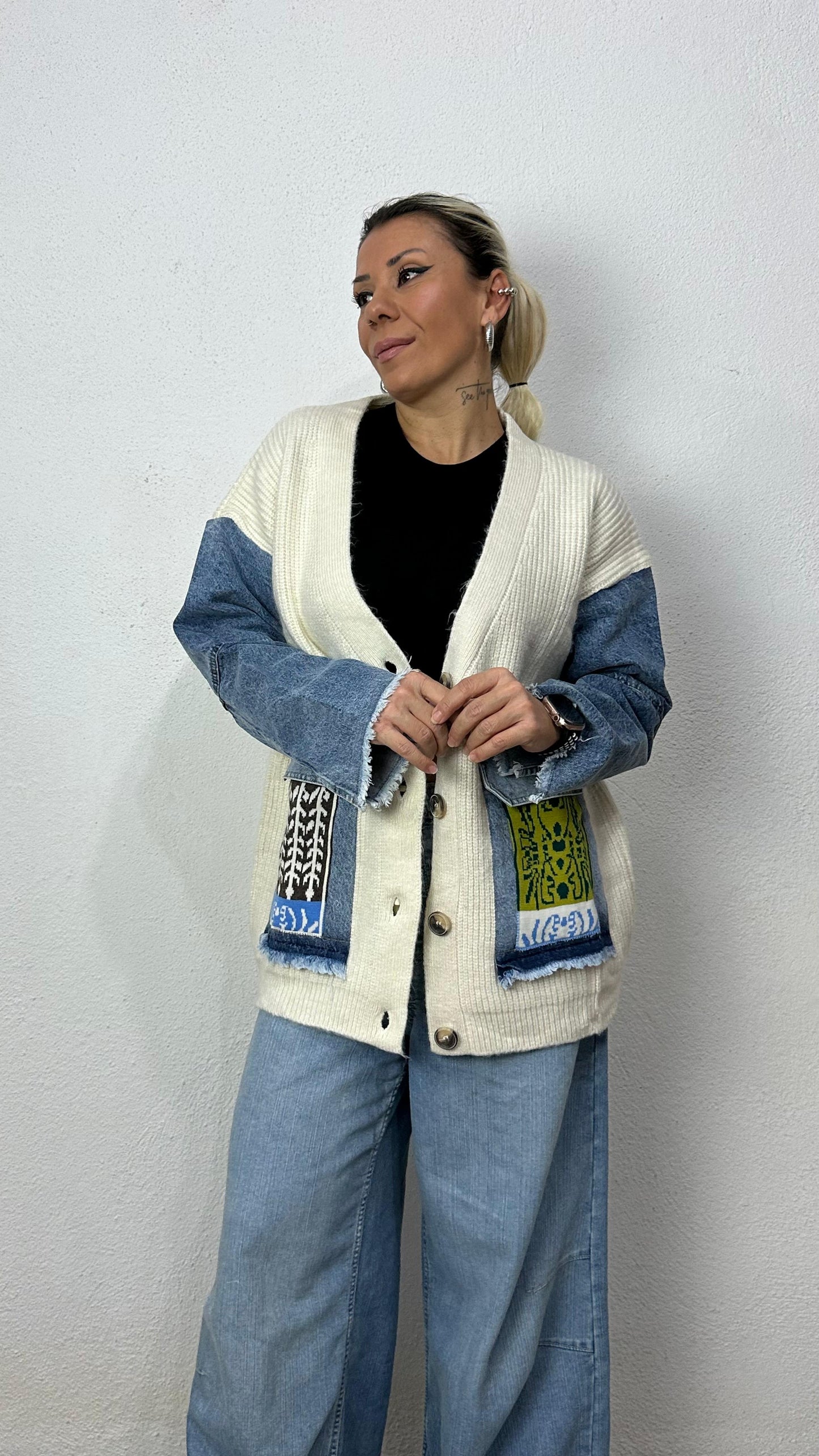 Nunu By Denim Detaylı Kemik Oversize Hırka