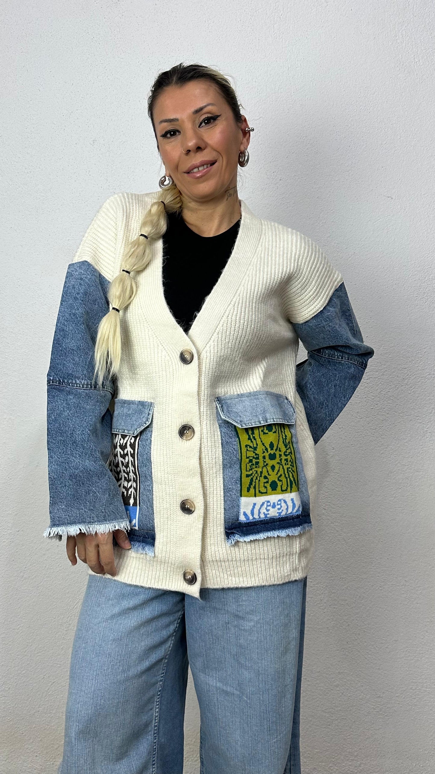 Nunu By Denim Detaylı Kemik Oversize Hırka