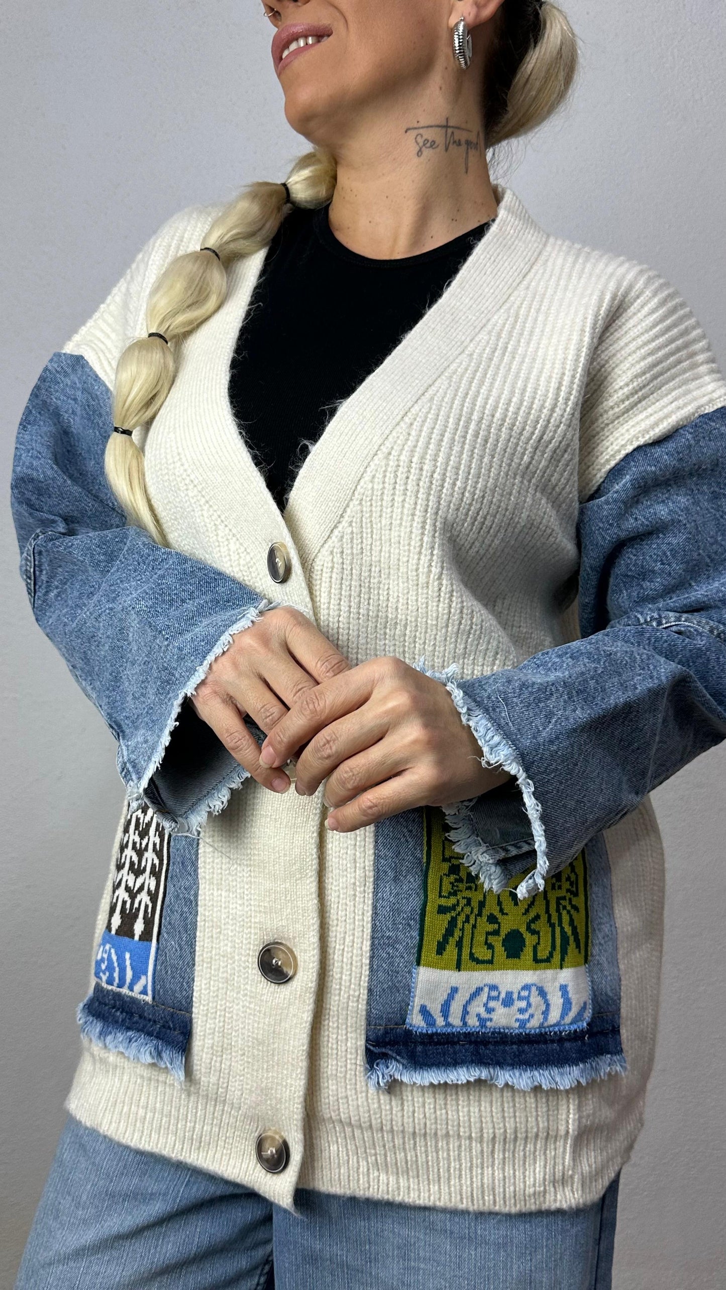 Nunu By Denim Detaylı Kemik Oversize Hırka