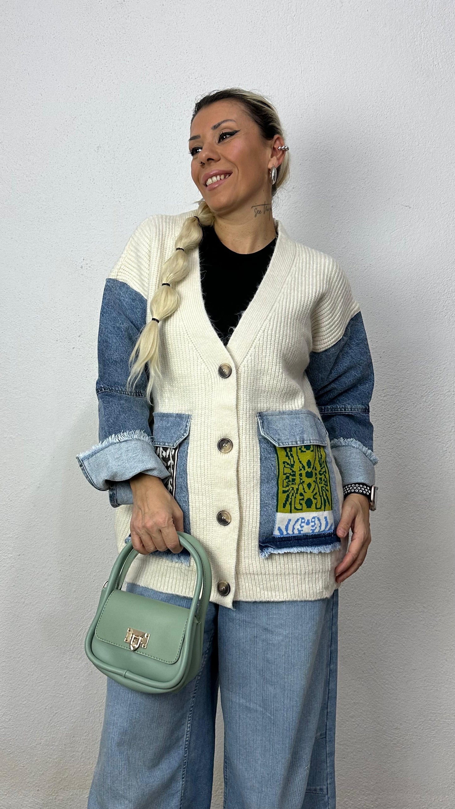 Nunu By Denim Detaylı Kemik Oversize Hırka