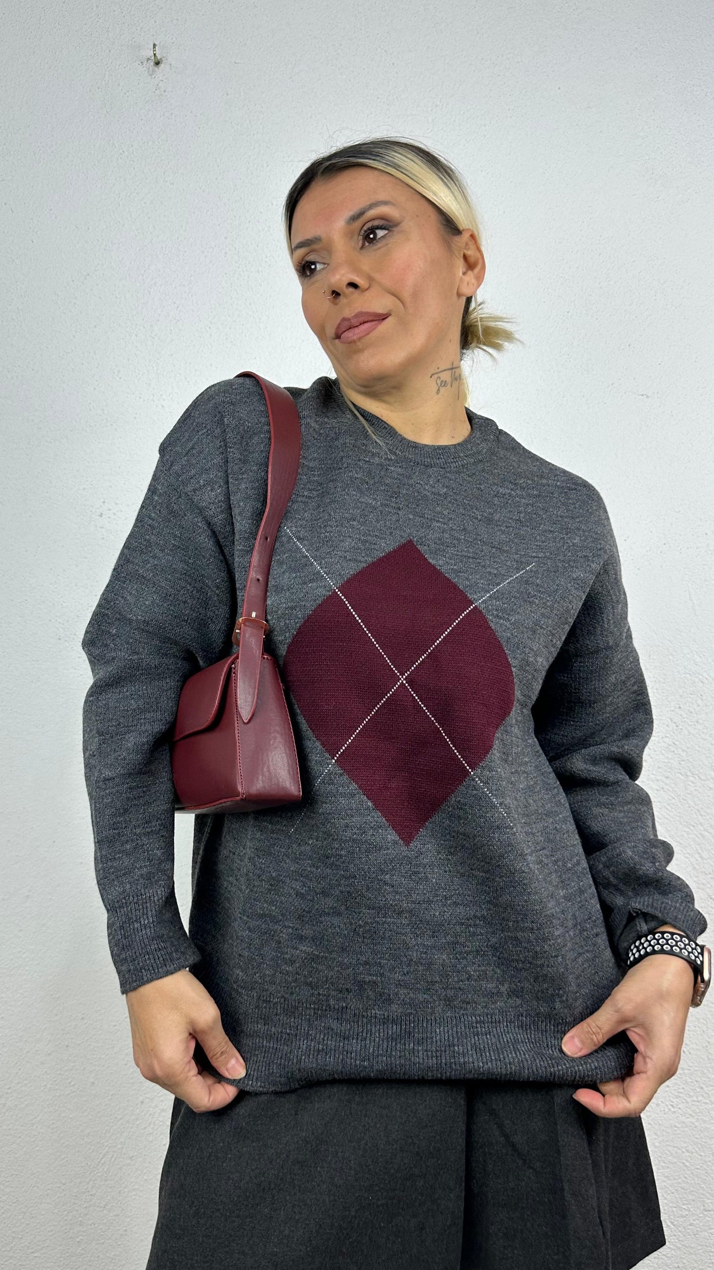 Nunu By Misty Grey Gri Bordo Baklava Desen Kazak