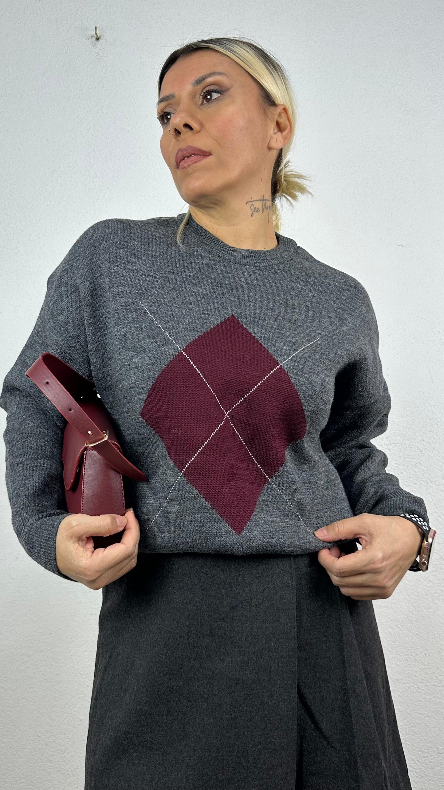 Nunu By Misty Grey Gri Bordo Baklava Desen Kazak