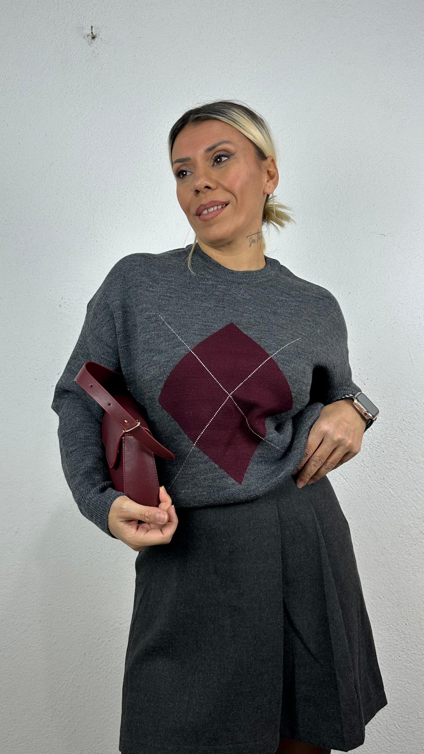 Nunu By Misty Grey Gri Bordo Baklava Desen Kazak