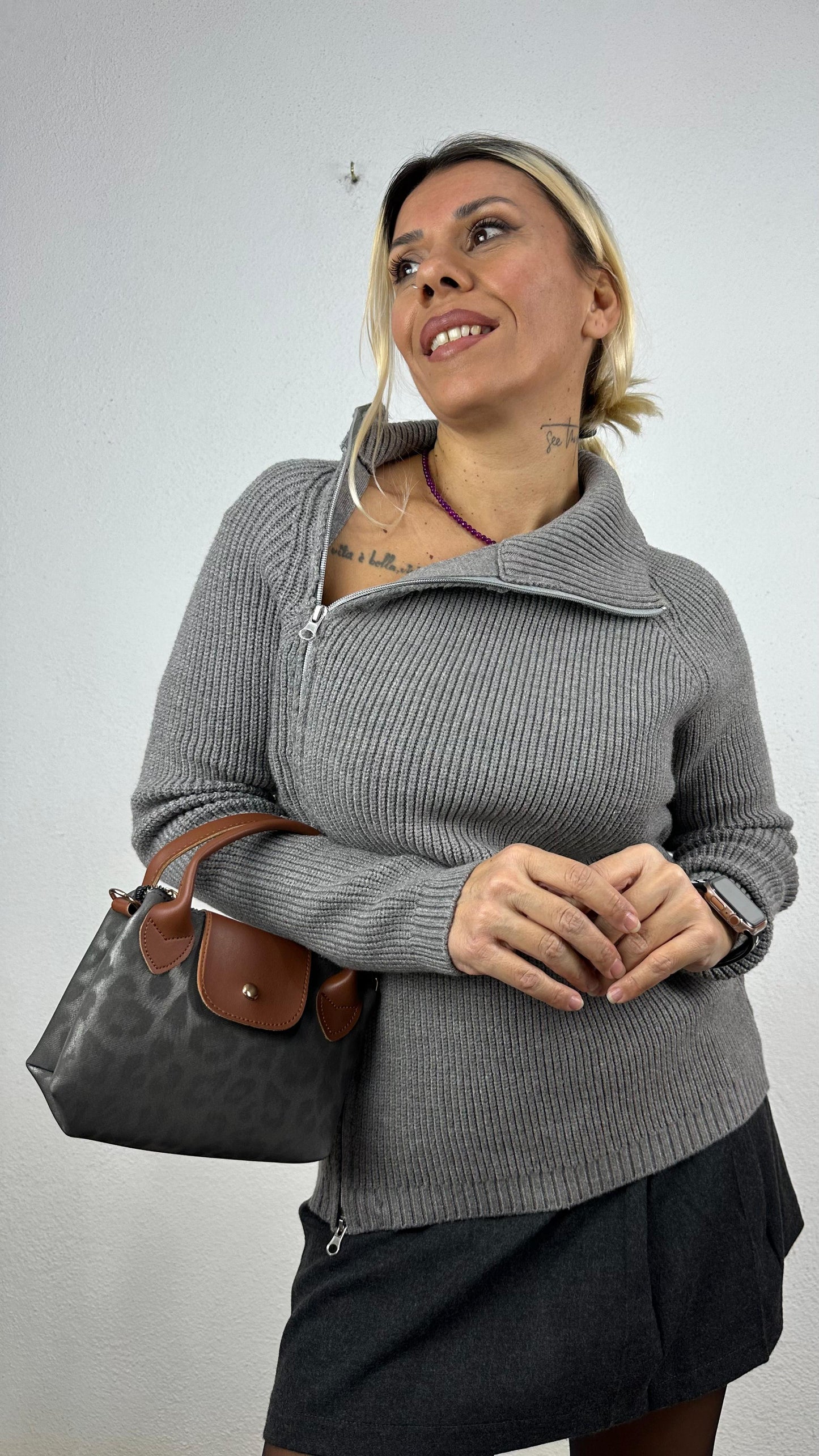 Nunu By Serenity Knit Gri Fermuarlı Kazak