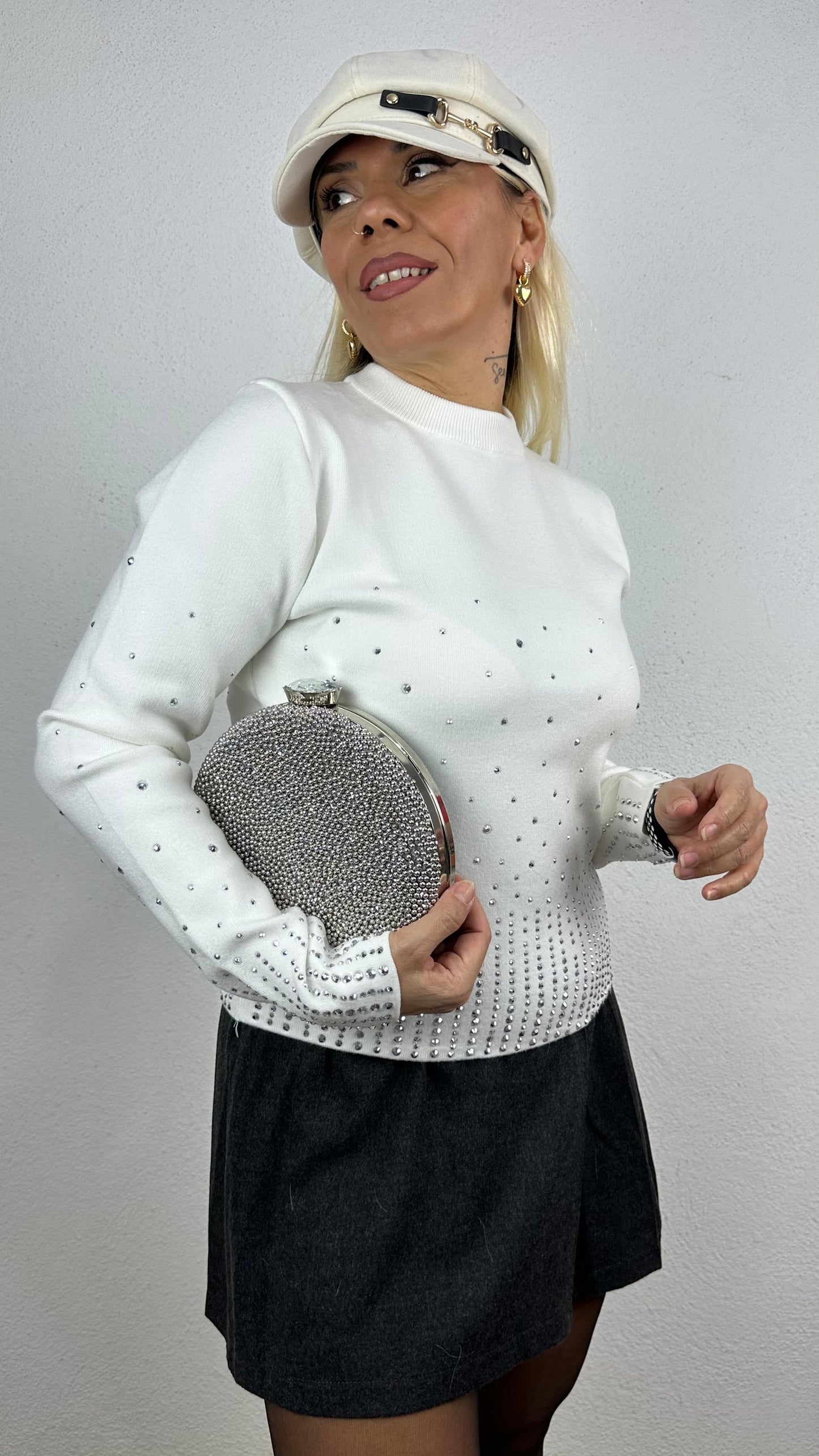 Nunu By Soft Breeze Ekru Taşlı Bisiklet Yaka Kazak