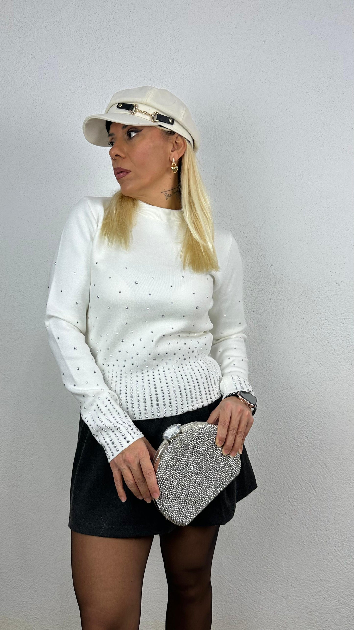 Nunu By Soft Breeze Ekru Taşlı Bisiklet Yaka Kazak