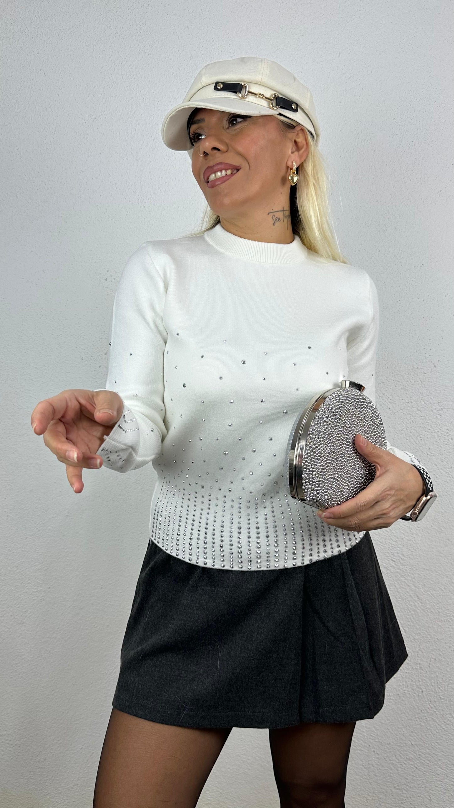 Nunu By Soft Breeze Ekru Taşlı Bisiklet Yaka Kazak