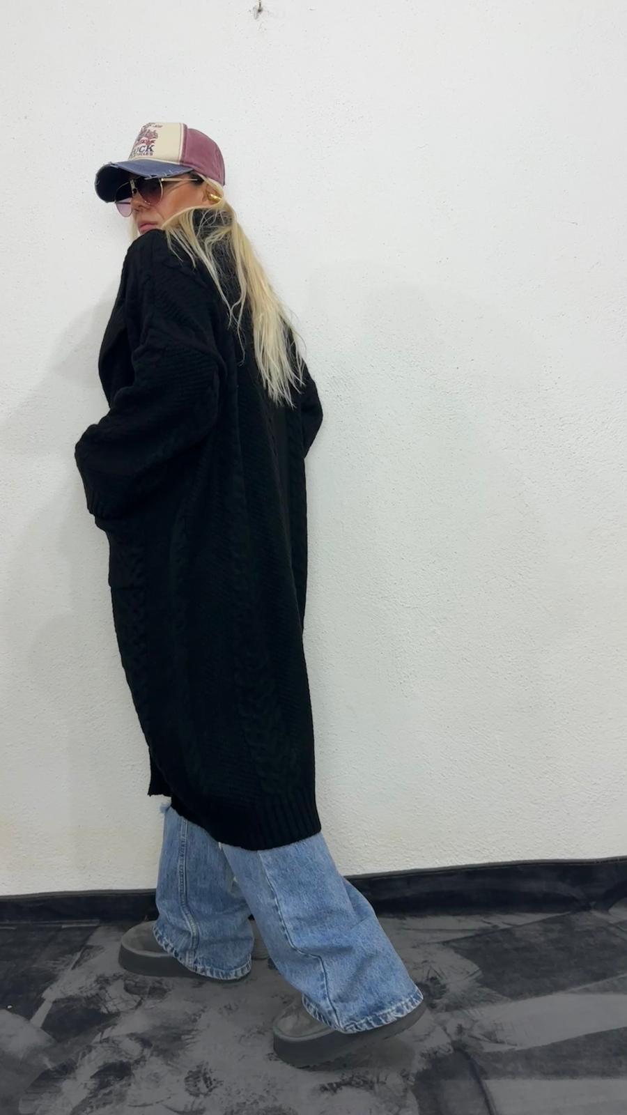 Nunu By Balıksırtı Desenli Siyah Oversize Hırka