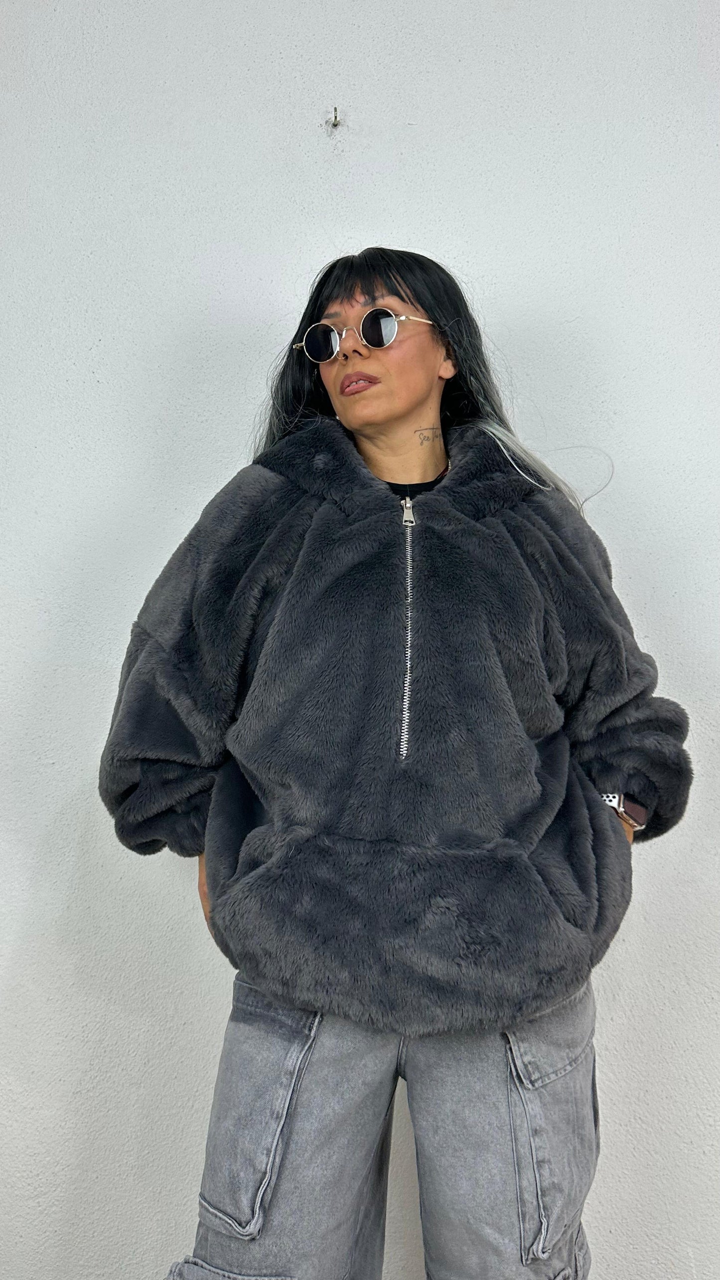Oversize Füme Peluş Kürk Mont