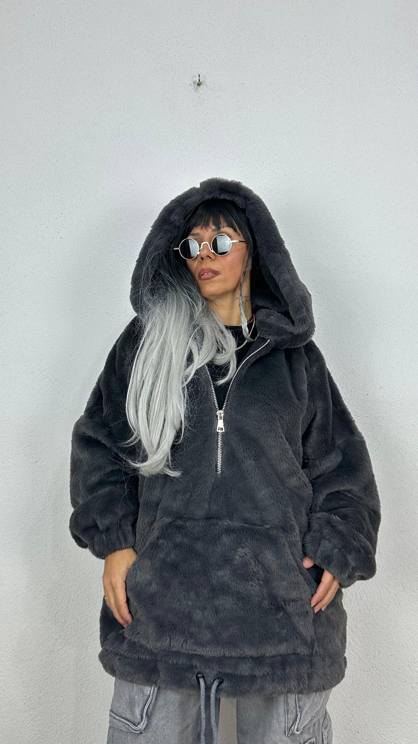 Oversize Füme Peluş Kürk Mont