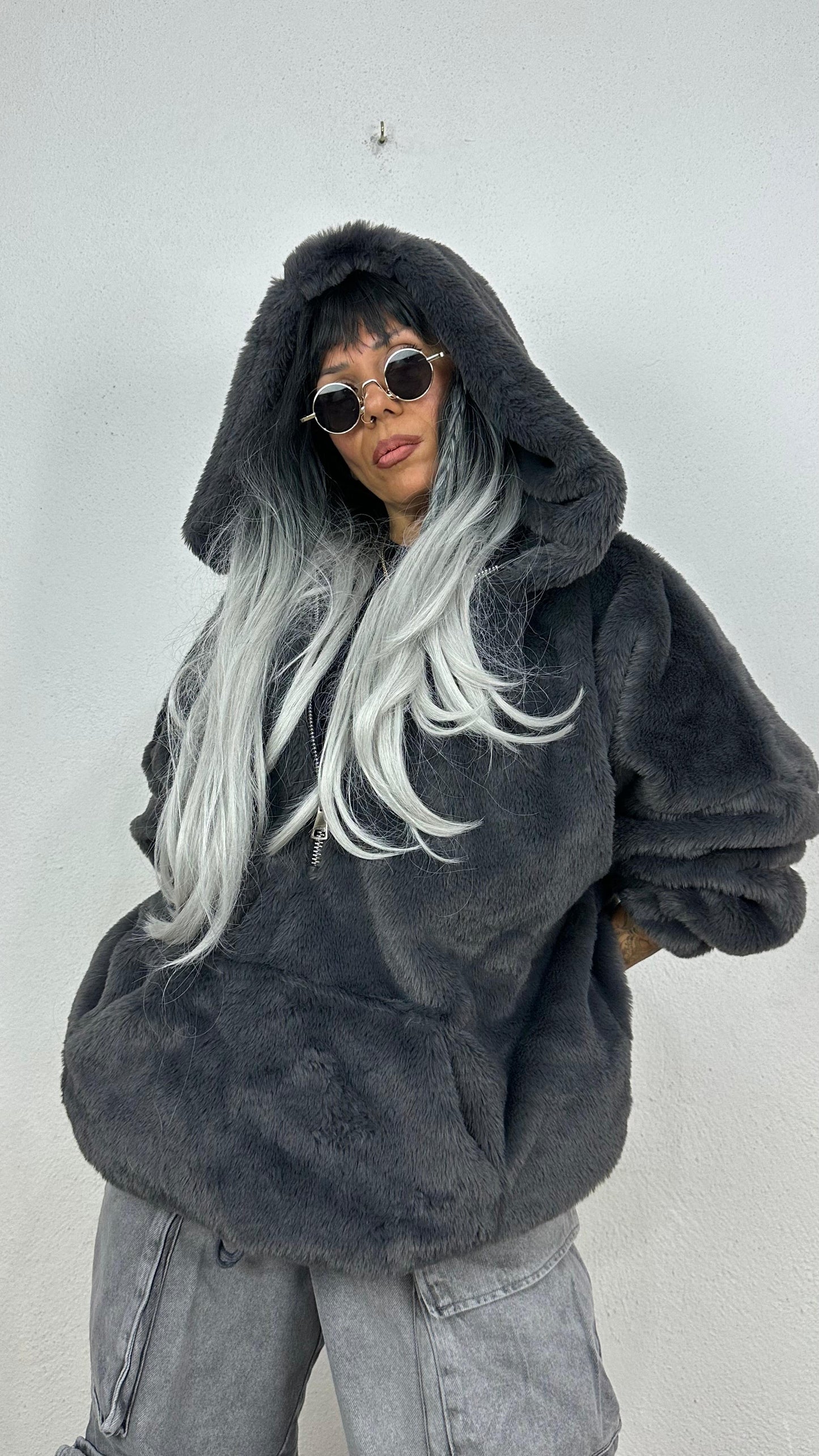 Oversize Füme Peluş Kürk Mont