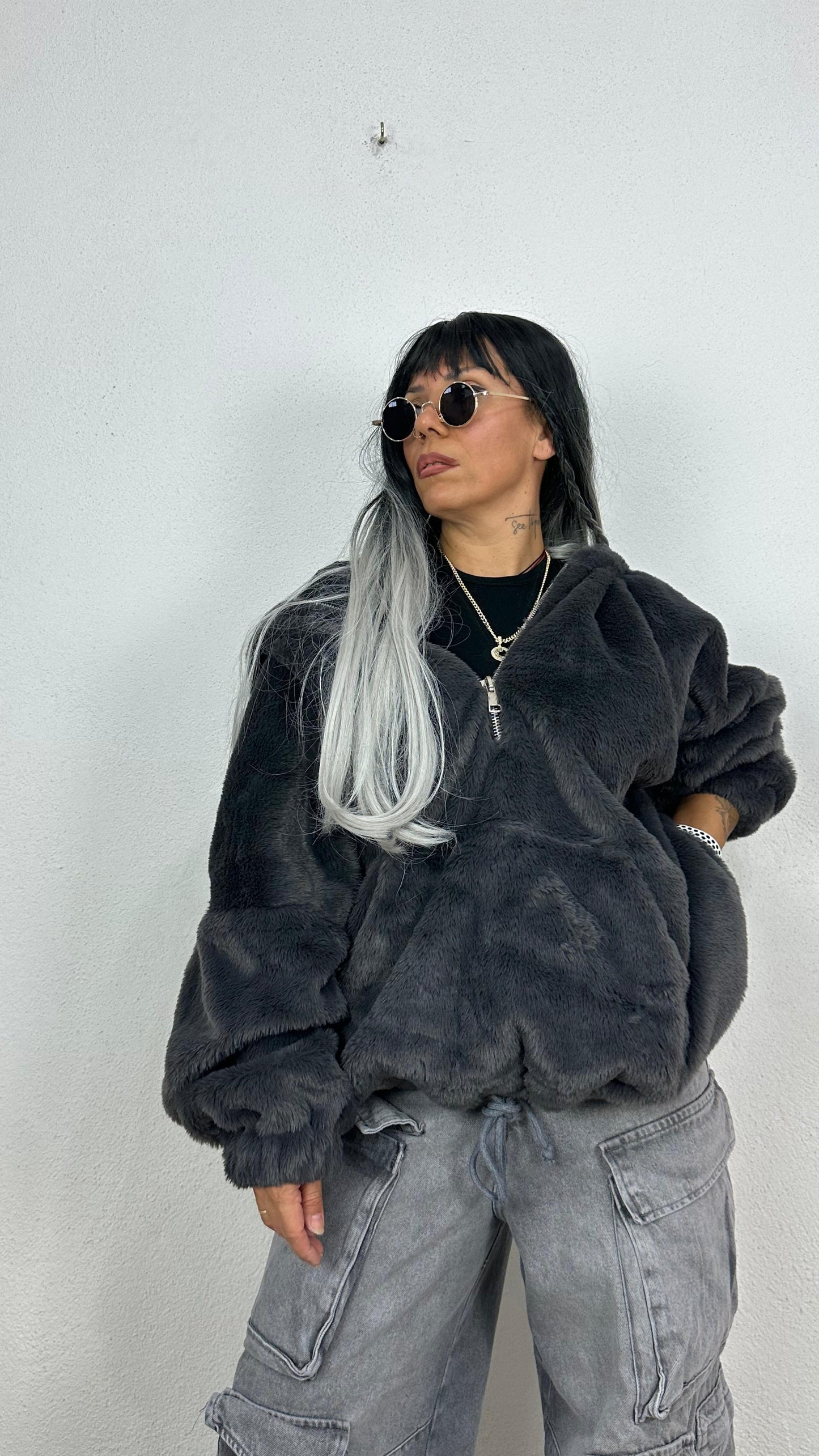 Oversize Füme Peluş Kürk Mont