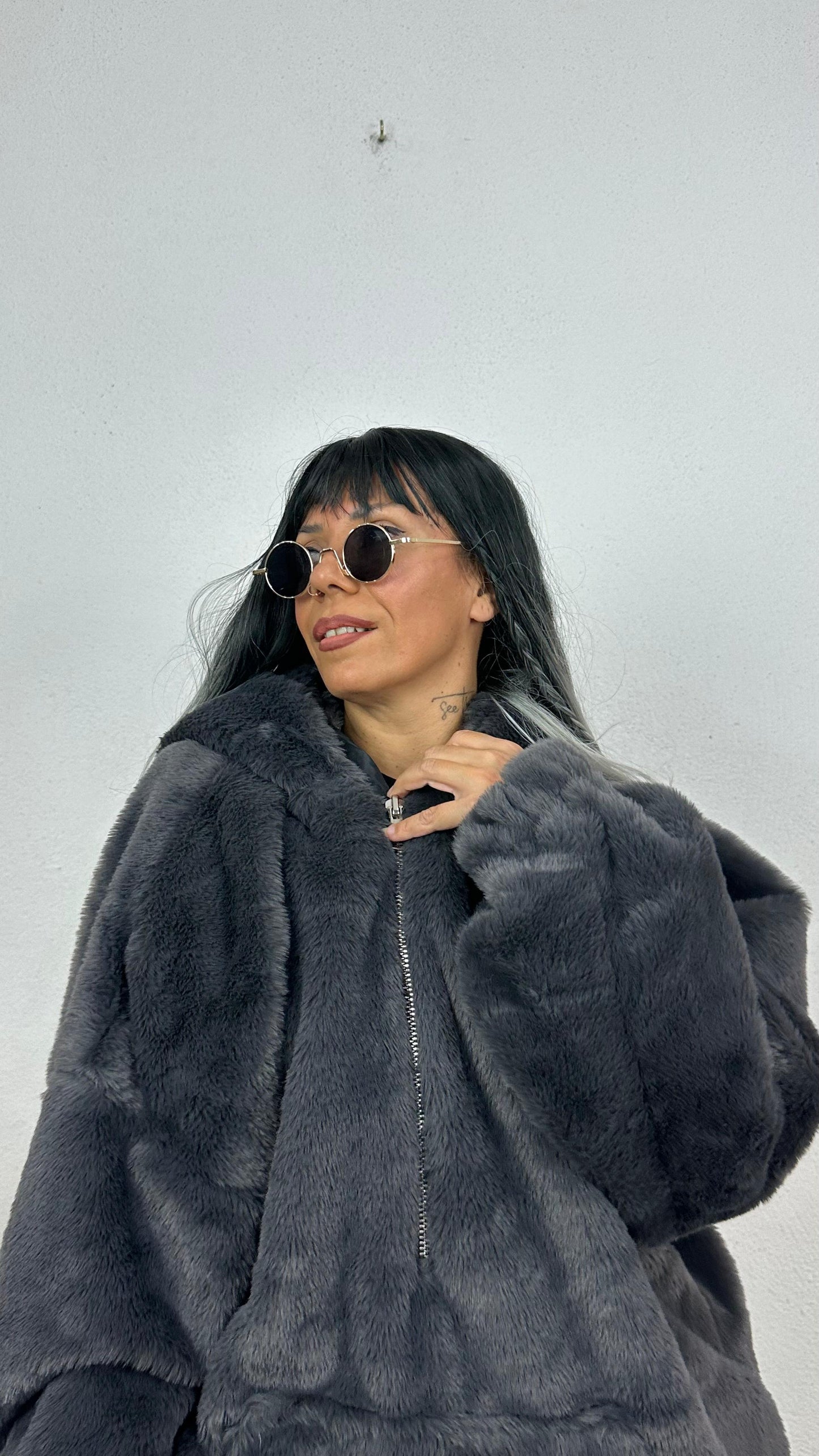 Oversize Füme Peluş Kürk Mont