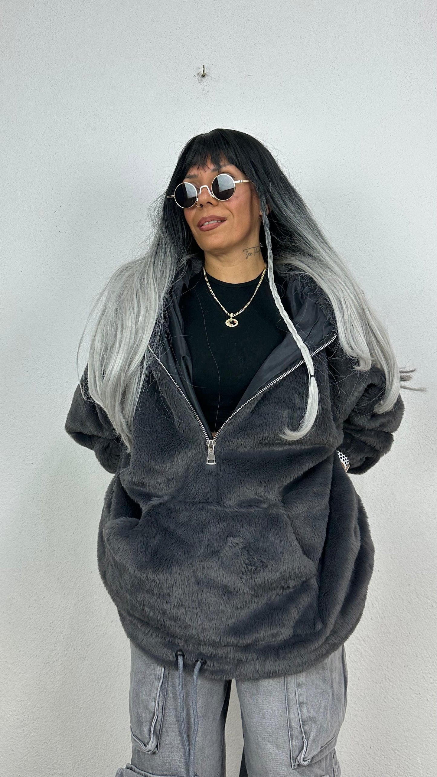 Oversize Füme Peluş Kürk Mont
