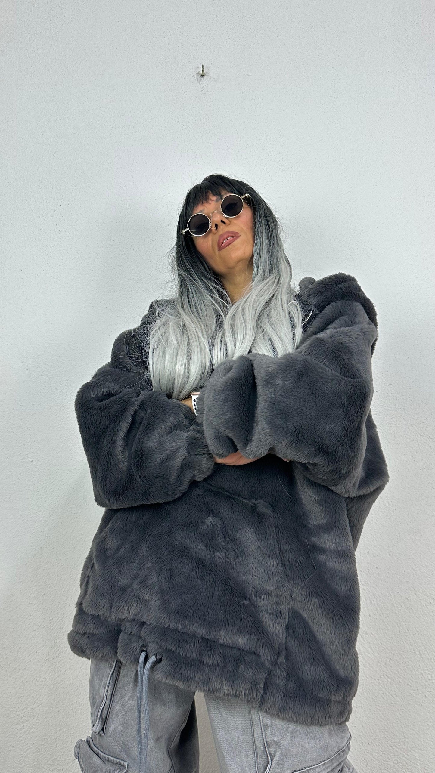 Oversize Füme Peluş Kürk Mont