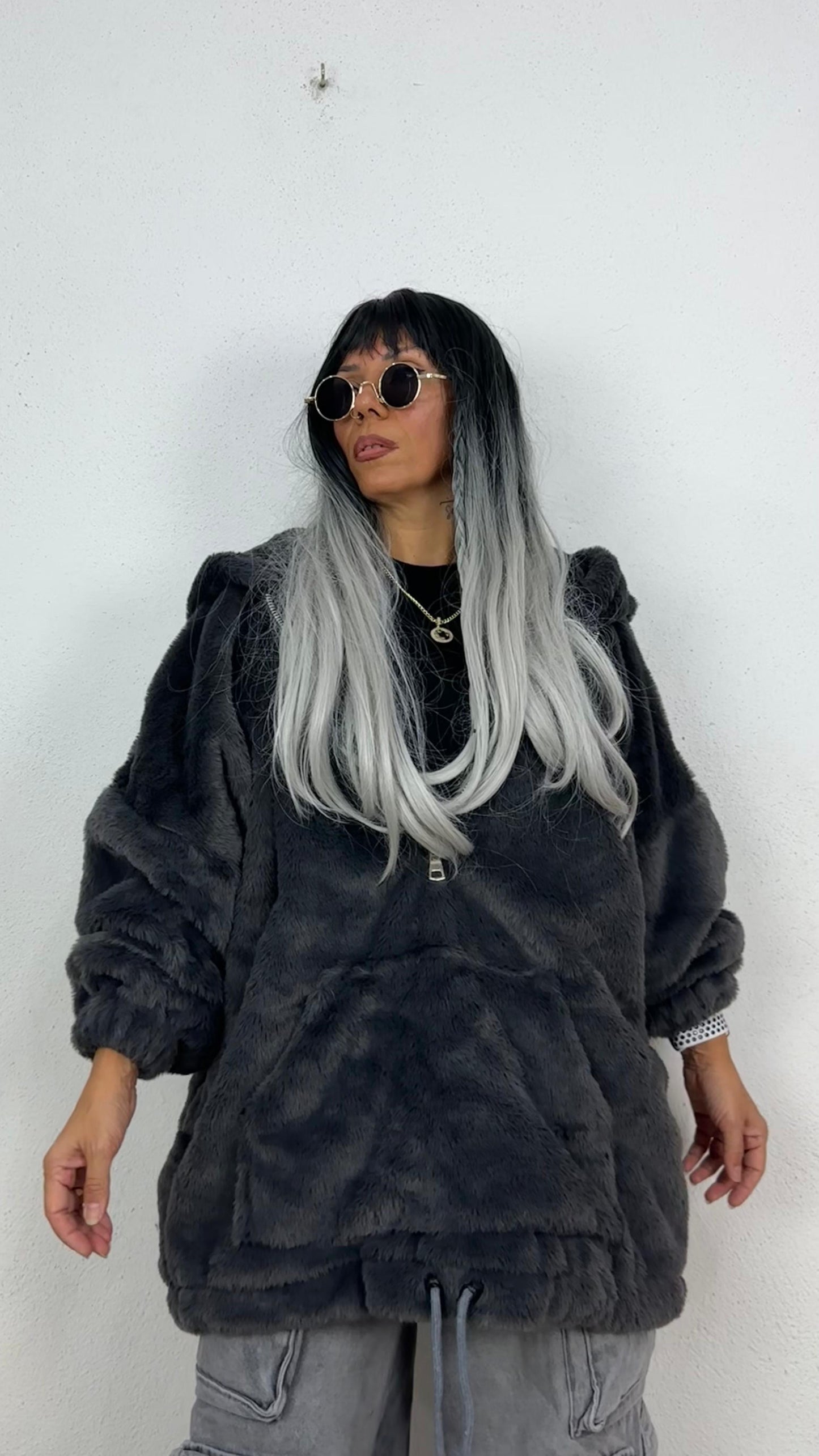 Oversize Füme Peluş Kürk Mont