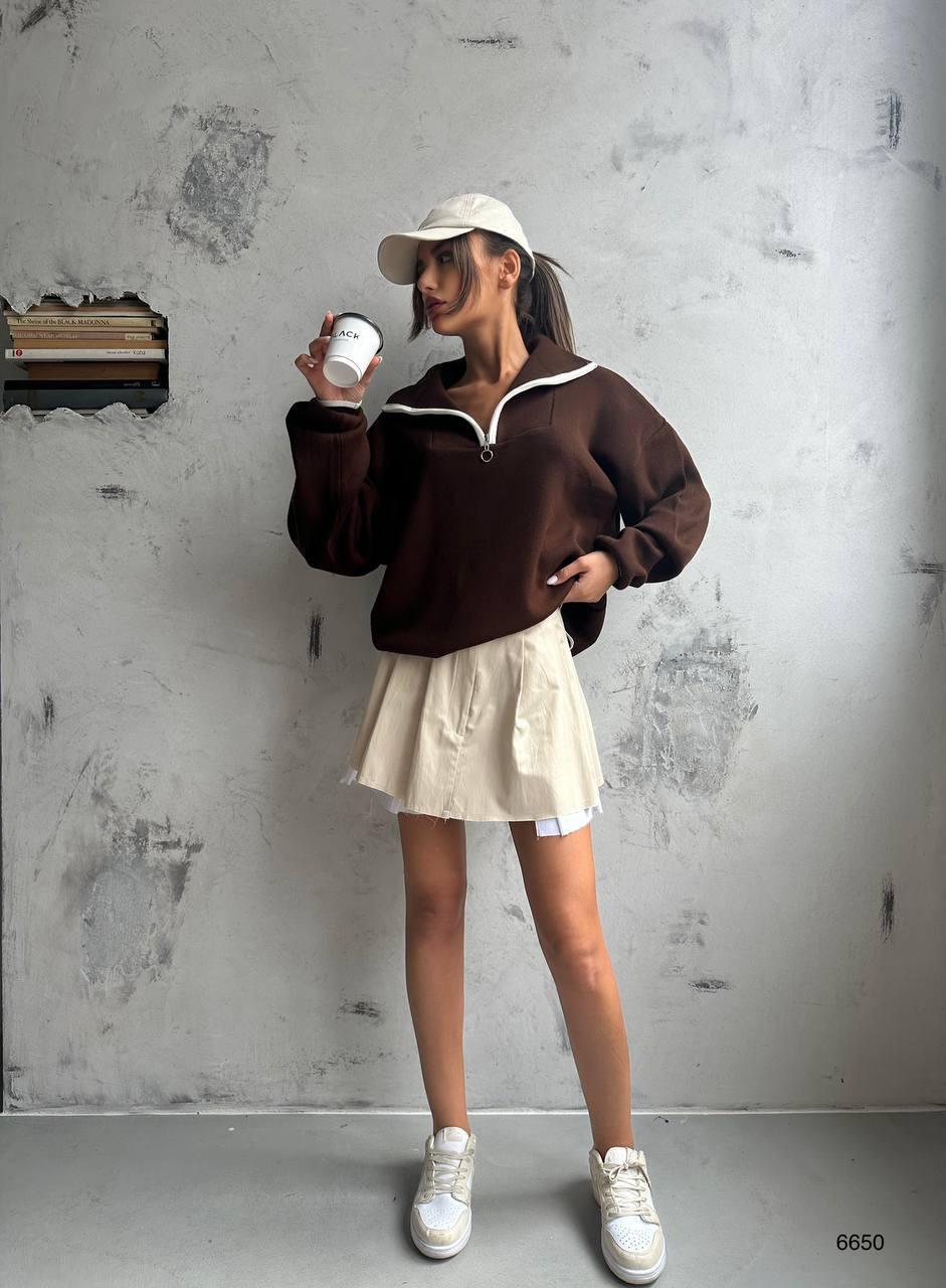 Oversize Begi Acı Kahve Fermuar Yaka Boğazlı Triko