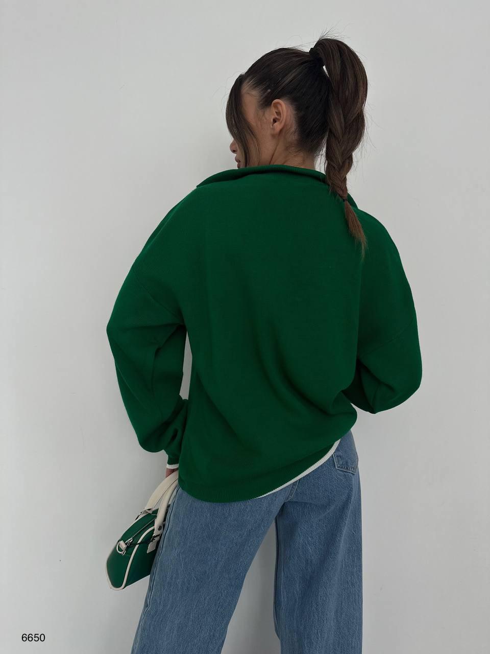 Oversize Begi Yeşil Fermuar Yaka Boğazlı Triko