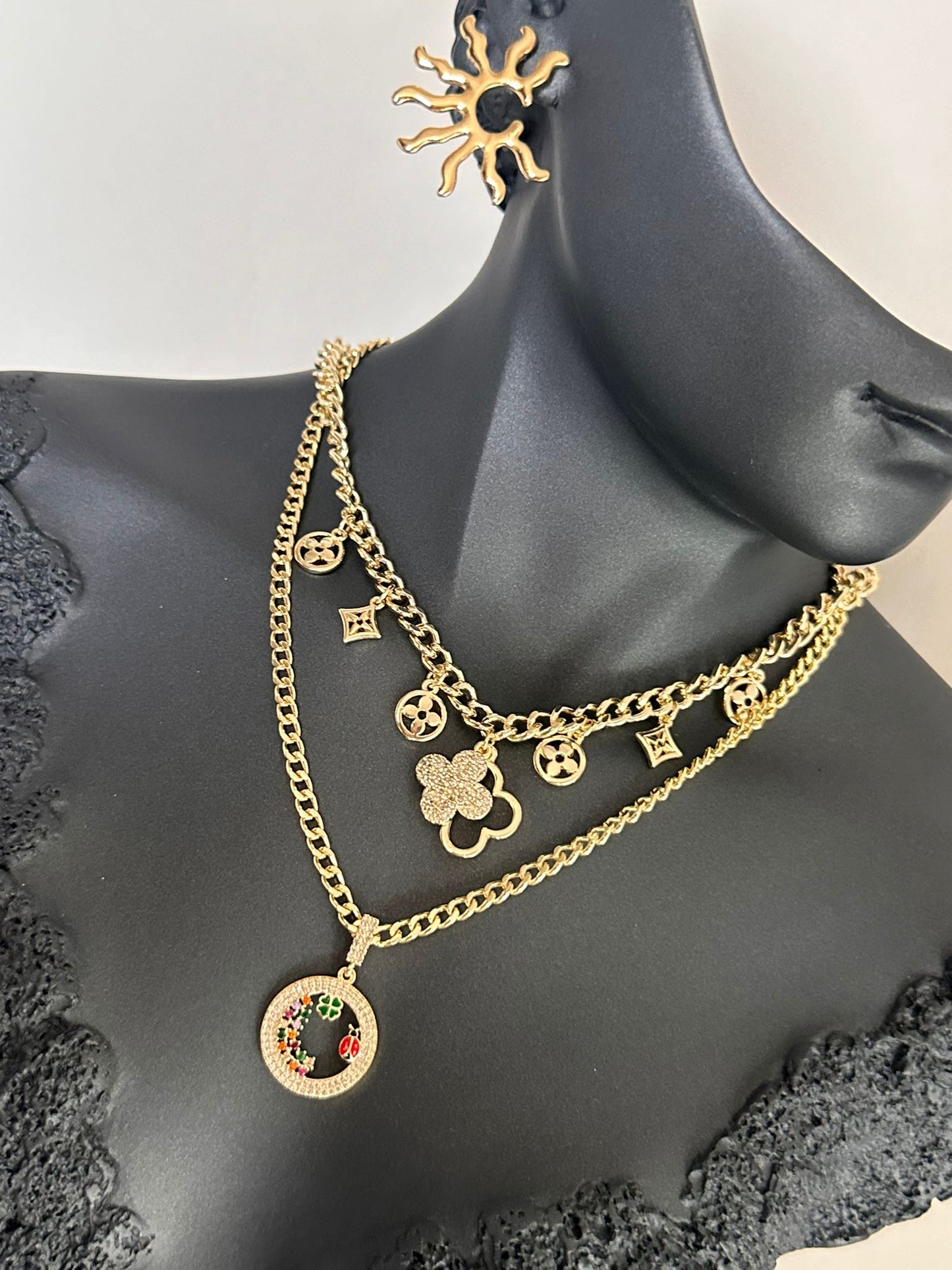 Pirinç Gold Van Cleef Model Zirkon Taş Kombin Kolye