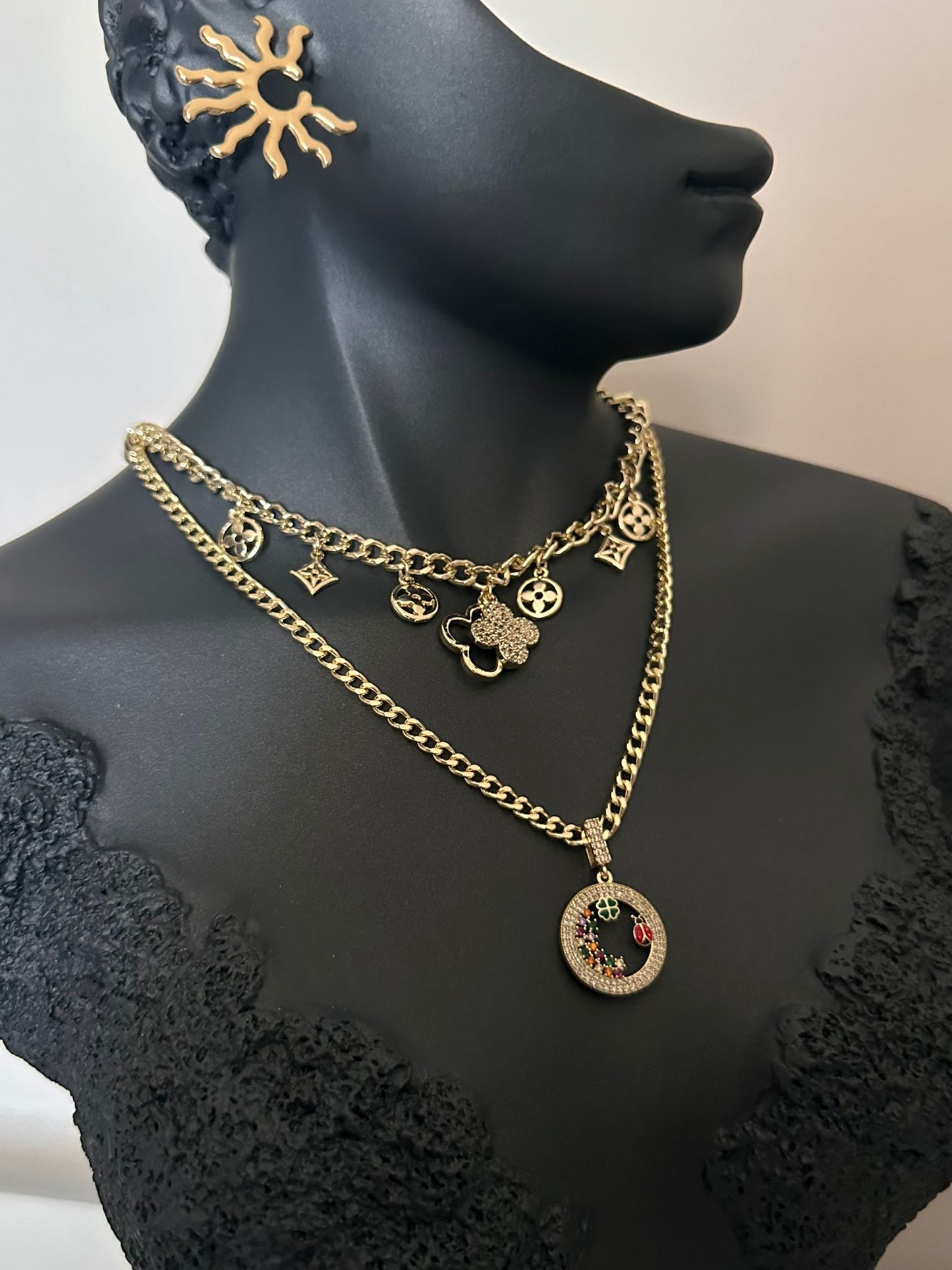 Pirinç Gold Van Cleef Model Zirkon Taş Kombin Kolye