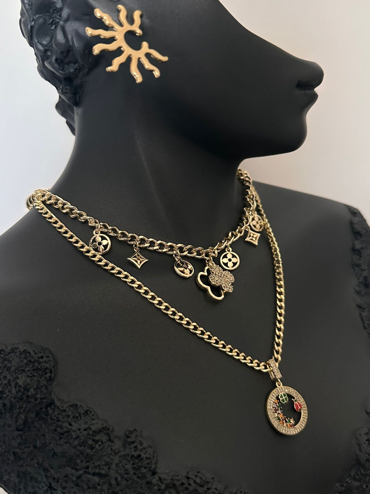 Pirinç Gold Van Cleef Model Zirkon Taş Kombin Kolye