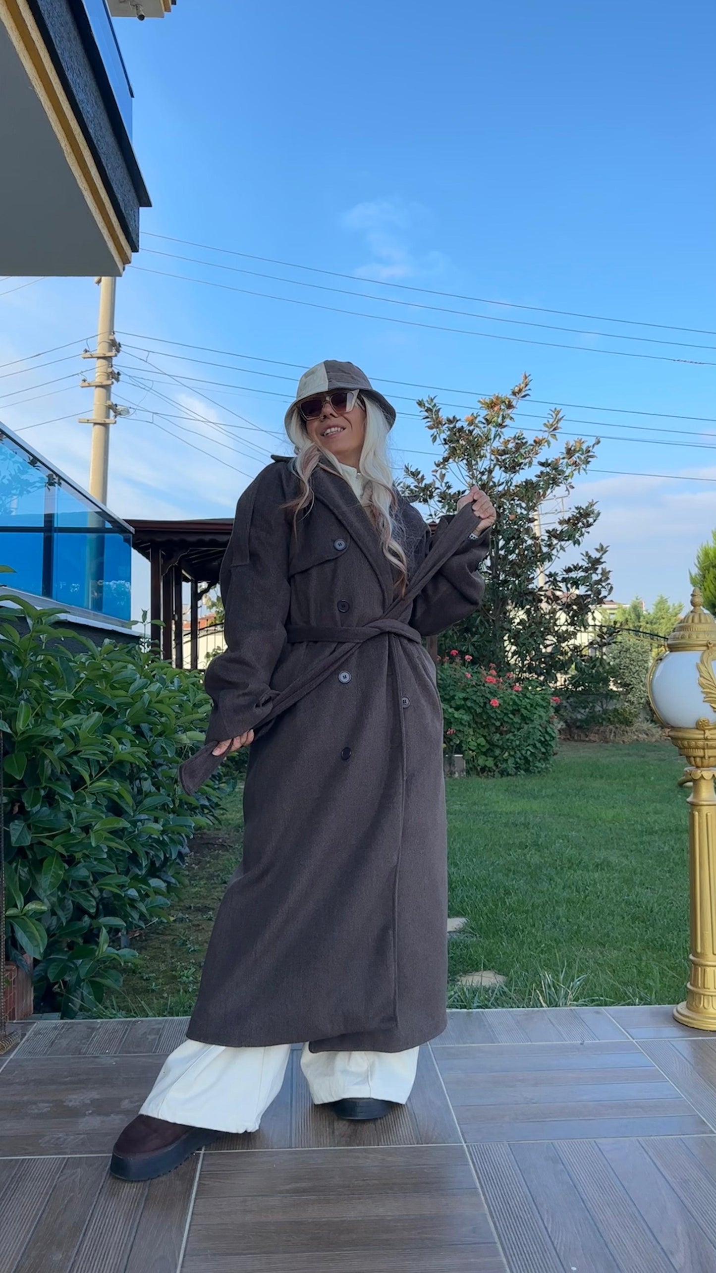 Kahverengi Oversize Kaşe Kaban