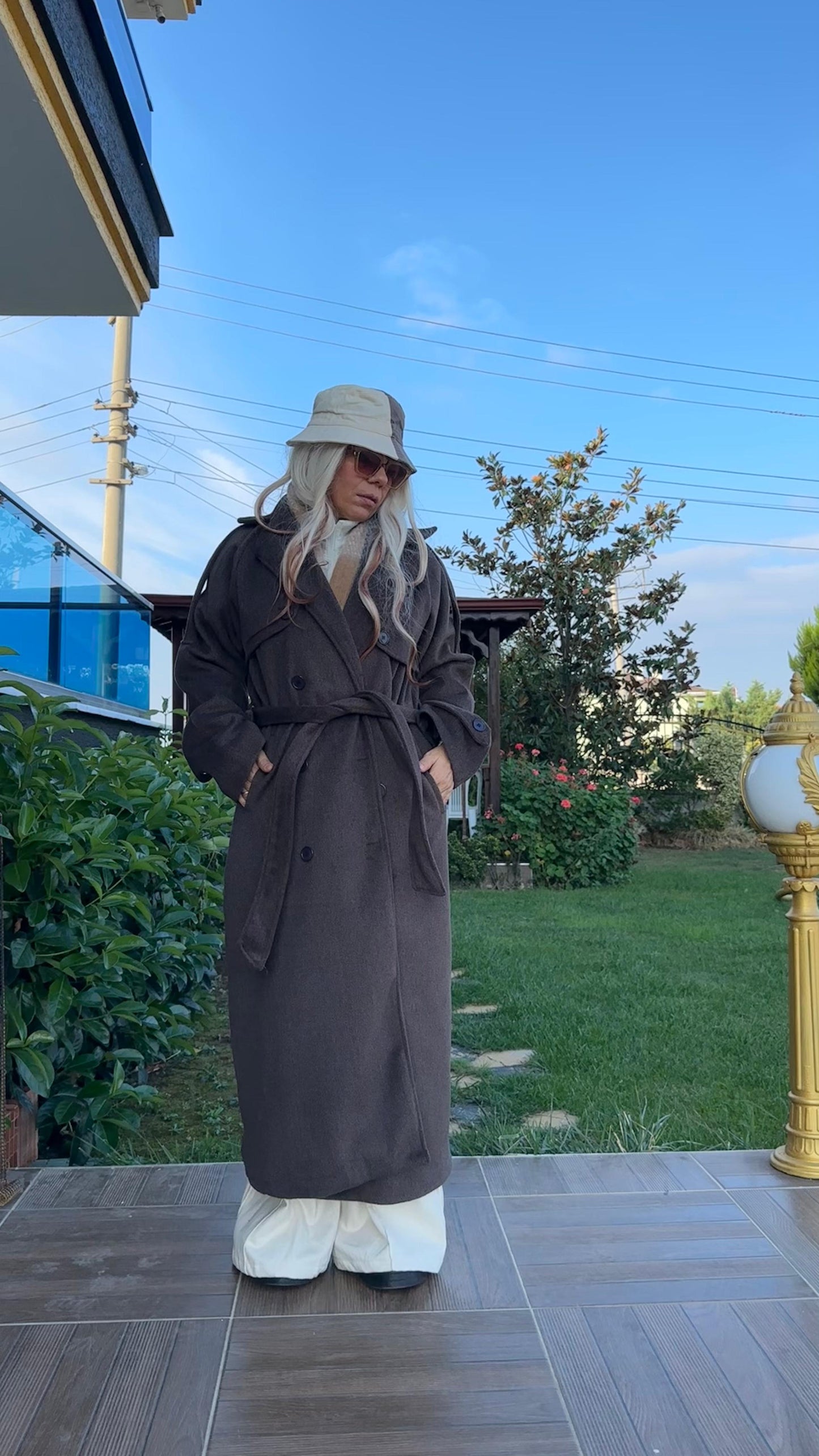 Kahverengi Oversize Kaşe Kaban