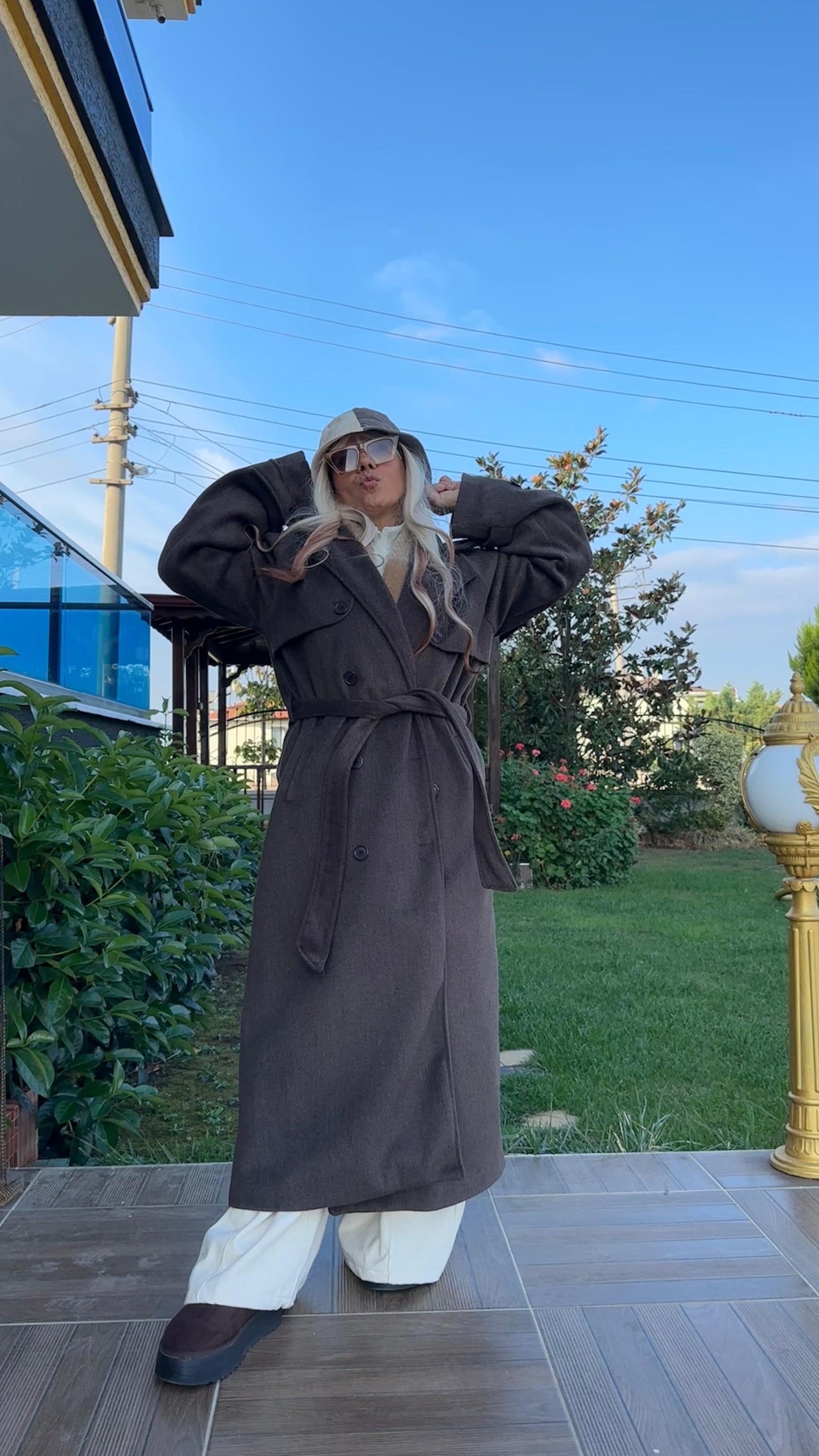 Kahverengi Oversize Kaşe Kaban