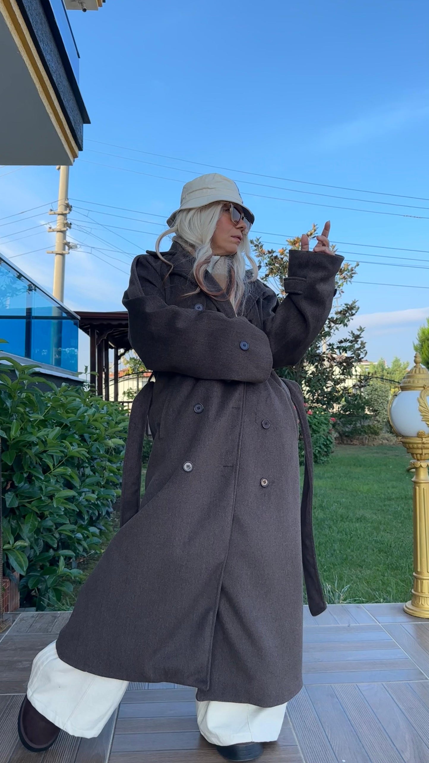 Kahverengi Oversize Kaşe Kaban