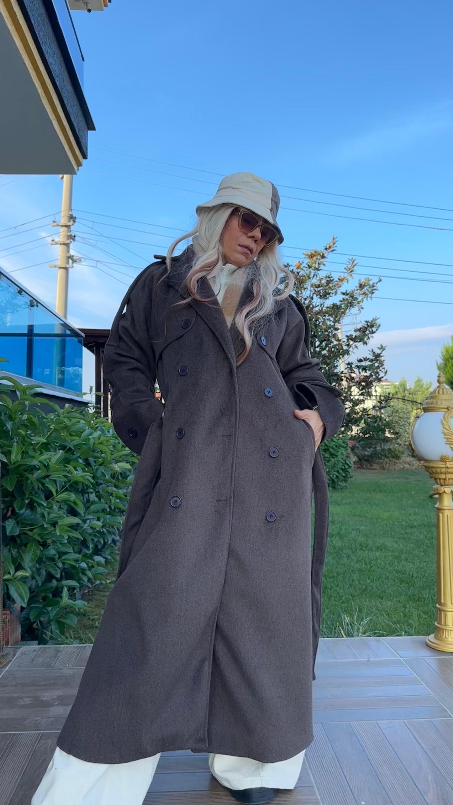 Kahverengi Oversize Kaşe Kaban