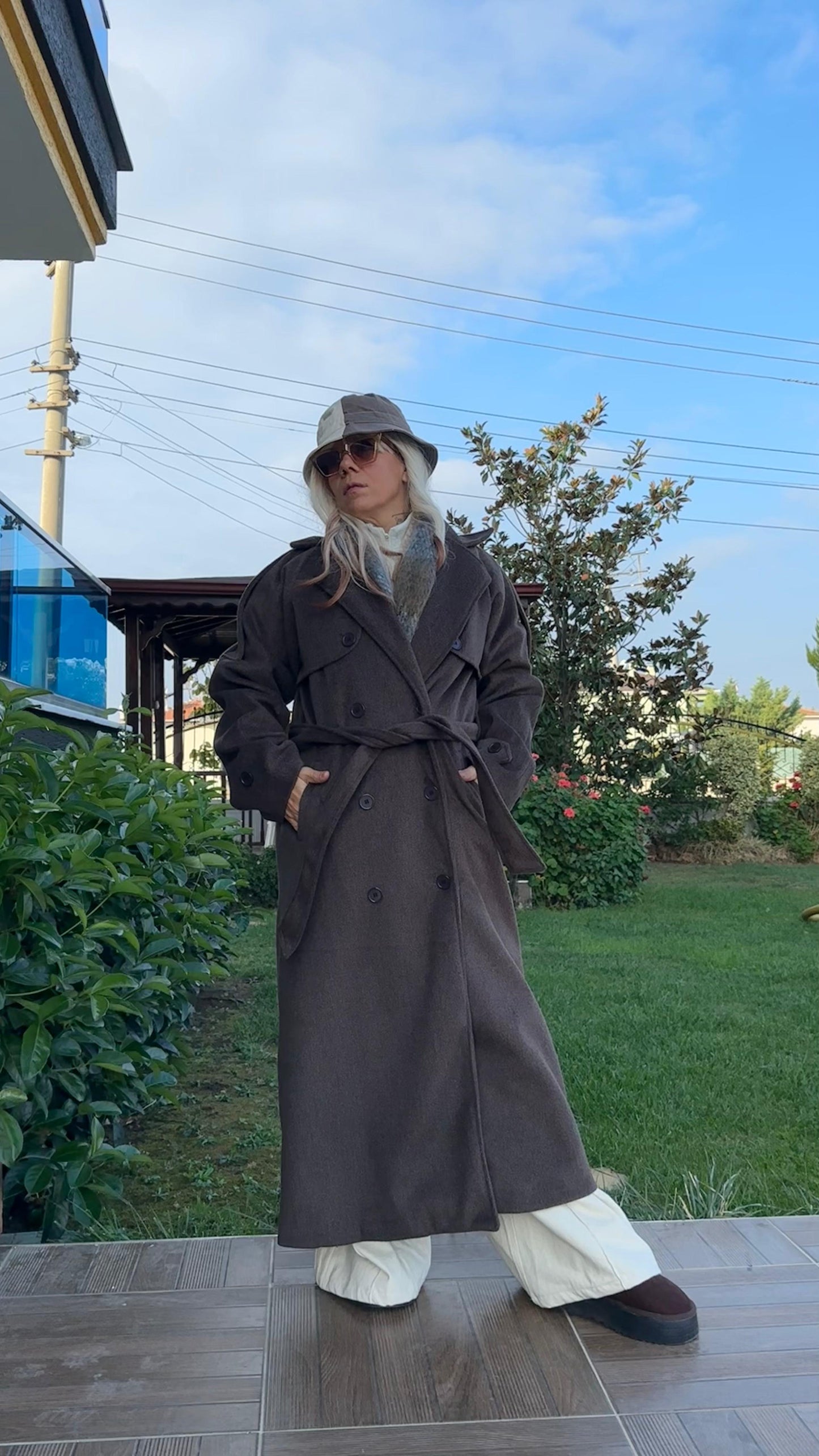 Kahverengi Oversize Kaşe Kaban