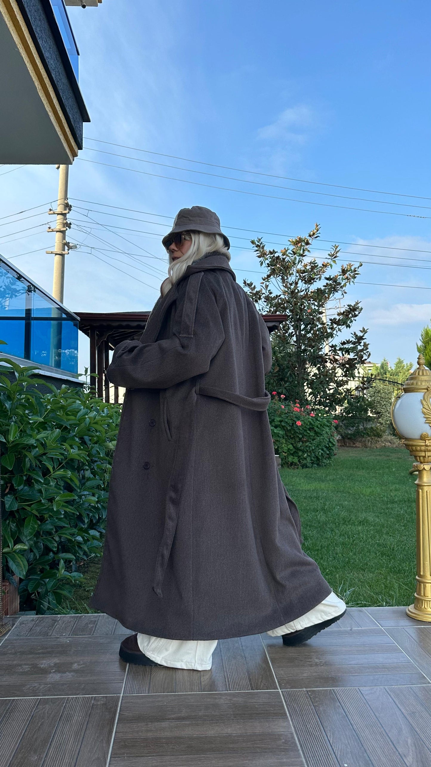 Kahverengi Oversize Kaşe Kaban