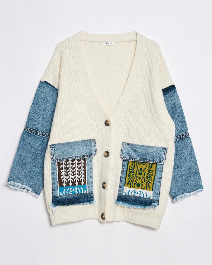 Nunu By Denim Detaylı Kemik Oversize Hırka