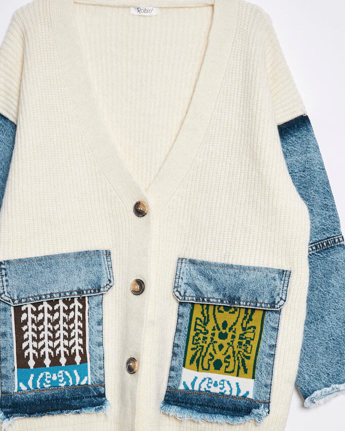 Nunu By Denim Detaylı Kemik Oversize Hırka