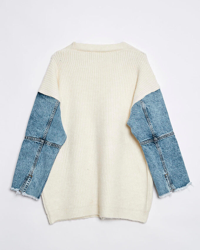 Nunu By Denim Detaylı Kemik Oversize Hırka