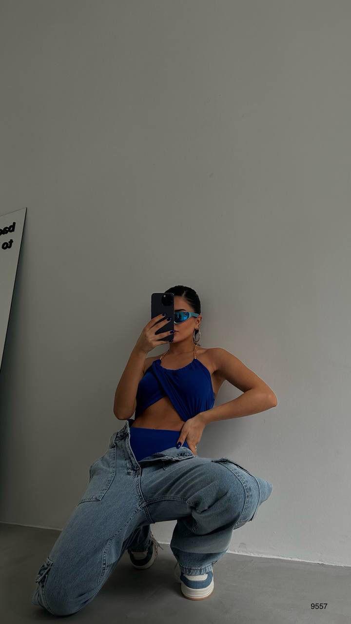 Lady’S Mavi Zincir Detay Body Suit Bluz