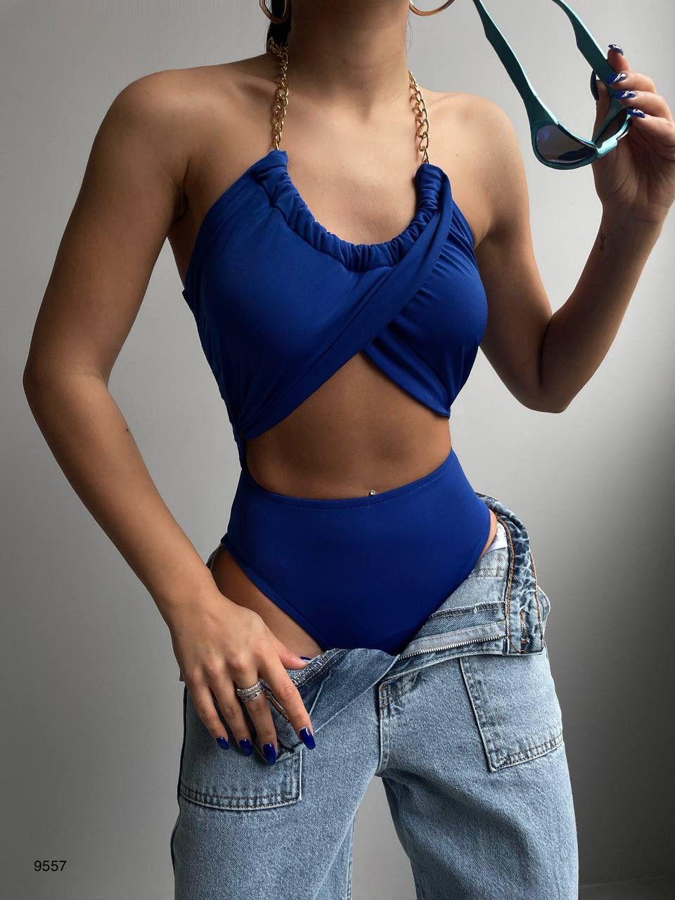 Lady’S Mavi Zincir Detay Body Suit Bluz