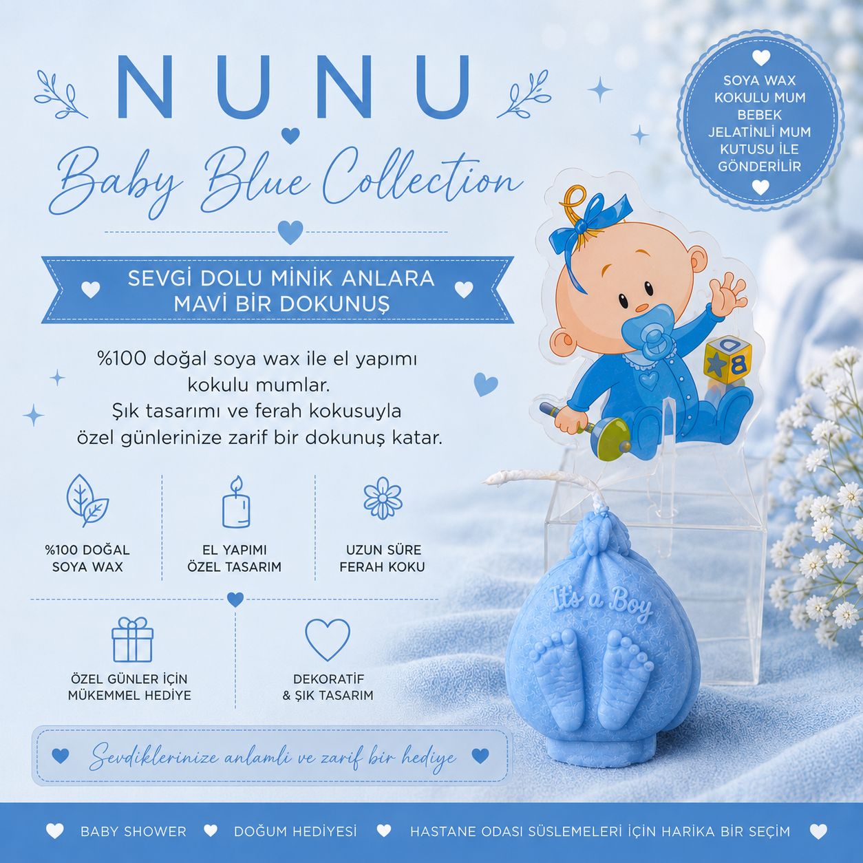 NuNu Baby Blue Collection – Kişiye Özel It’s A Boy & Bebek Ayakkabı Mum Seti It's a Boy