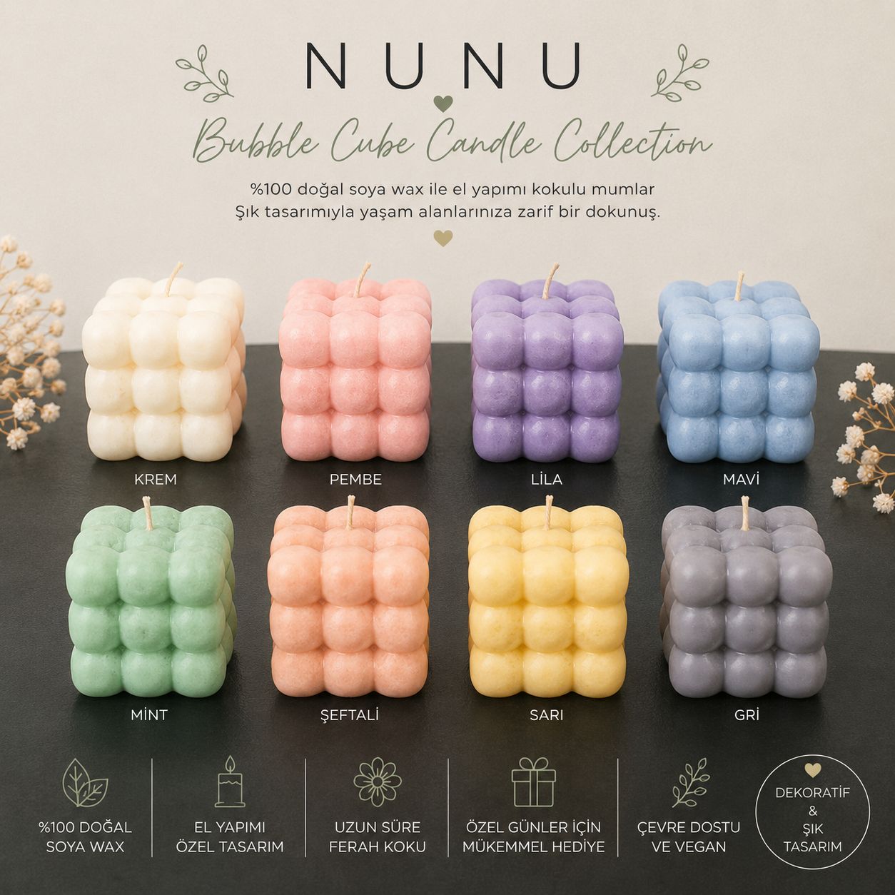 NuNu Bubble Cube Candle Collection – El Yapımı Soya Wax Dekoratif Mum Soya Wax