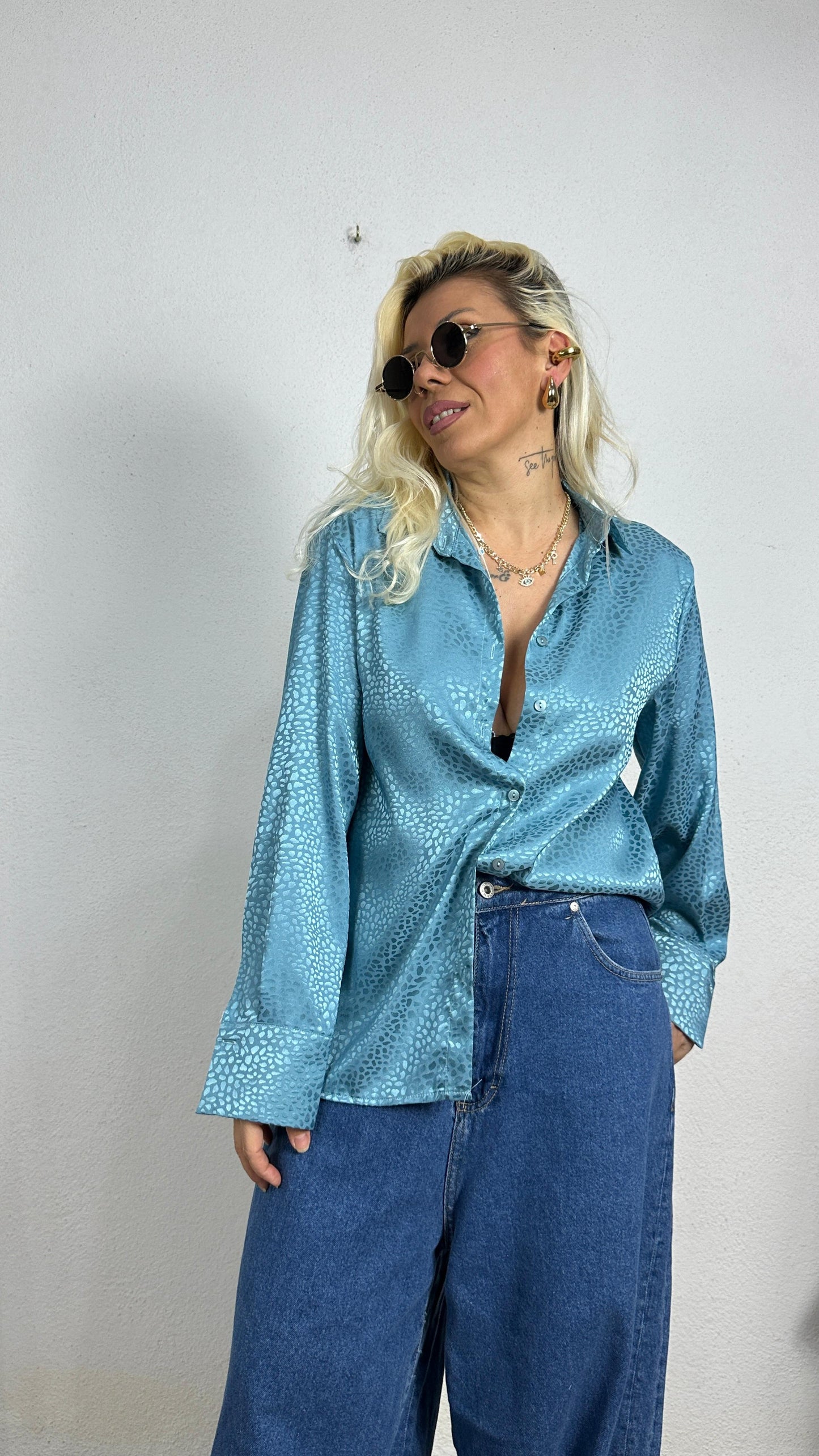 Nunu By Croc Chic Turkuaz Saten Gömlek