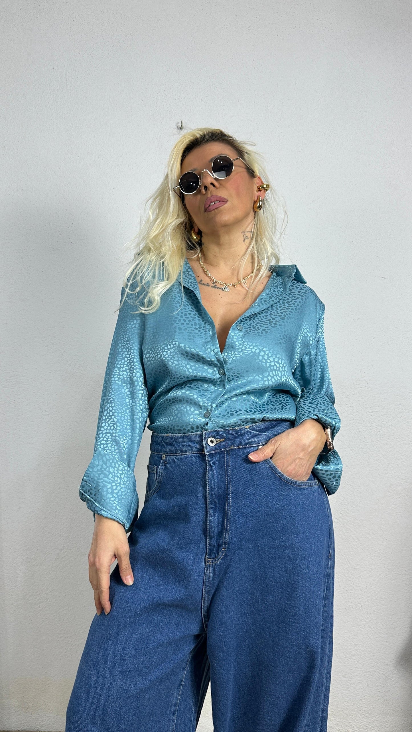 Nunu By Croc Chic Turkuaz Saten Gömlek