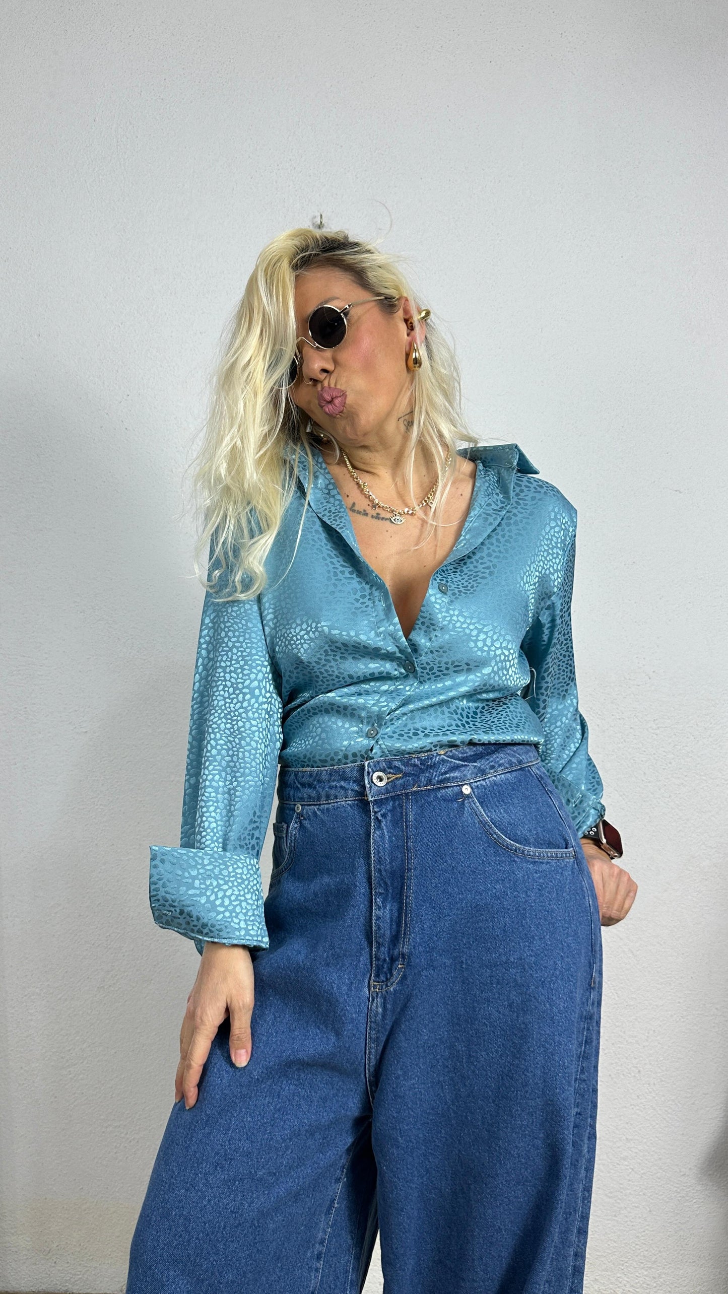 Nunu By Croc Chic Turkuaz Saten Gömlek